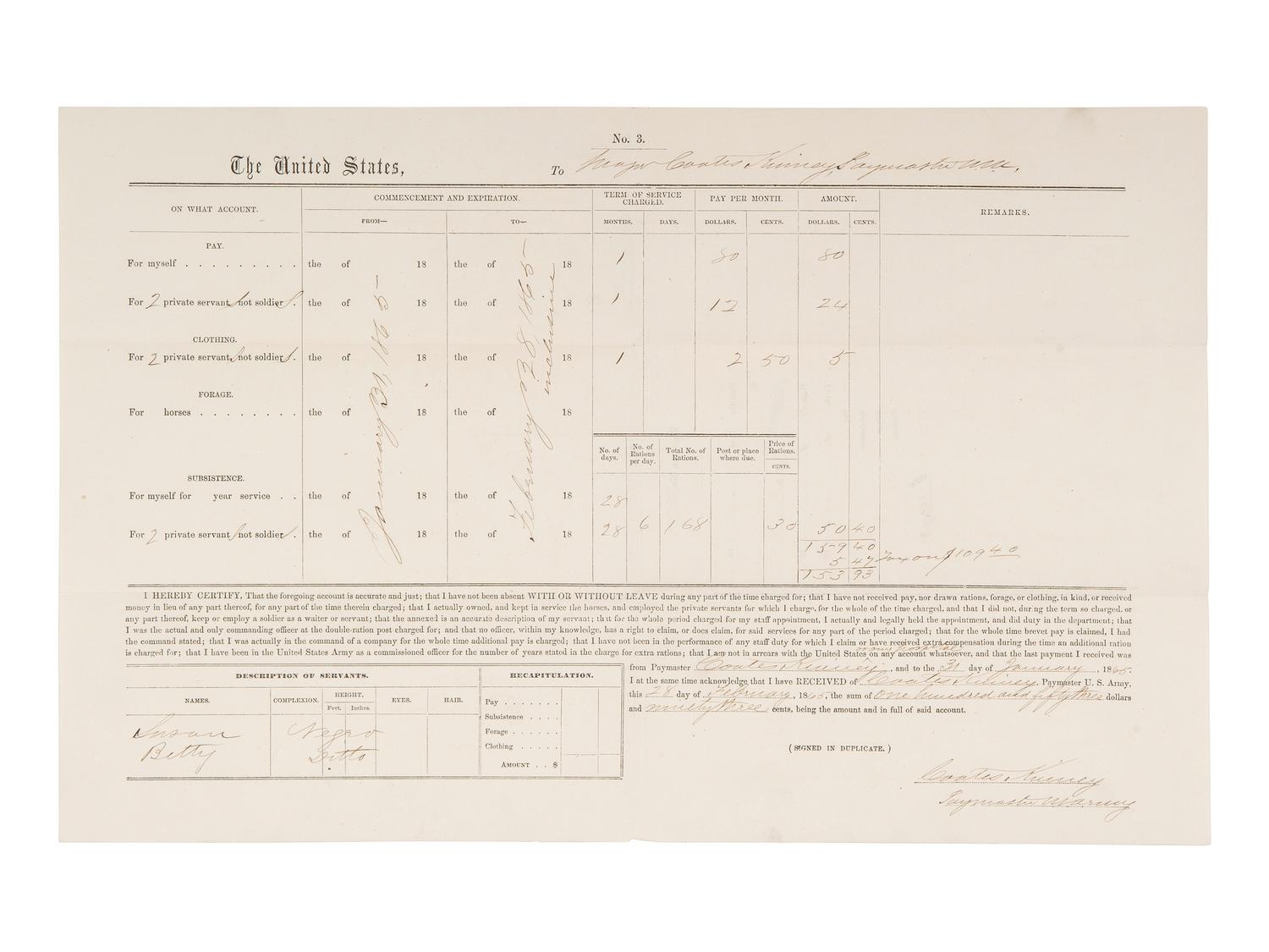 [CIVIL WAR]. Major Coates KINNEY (1826-1904). Document signed as Paymaster, with autograph poem.
