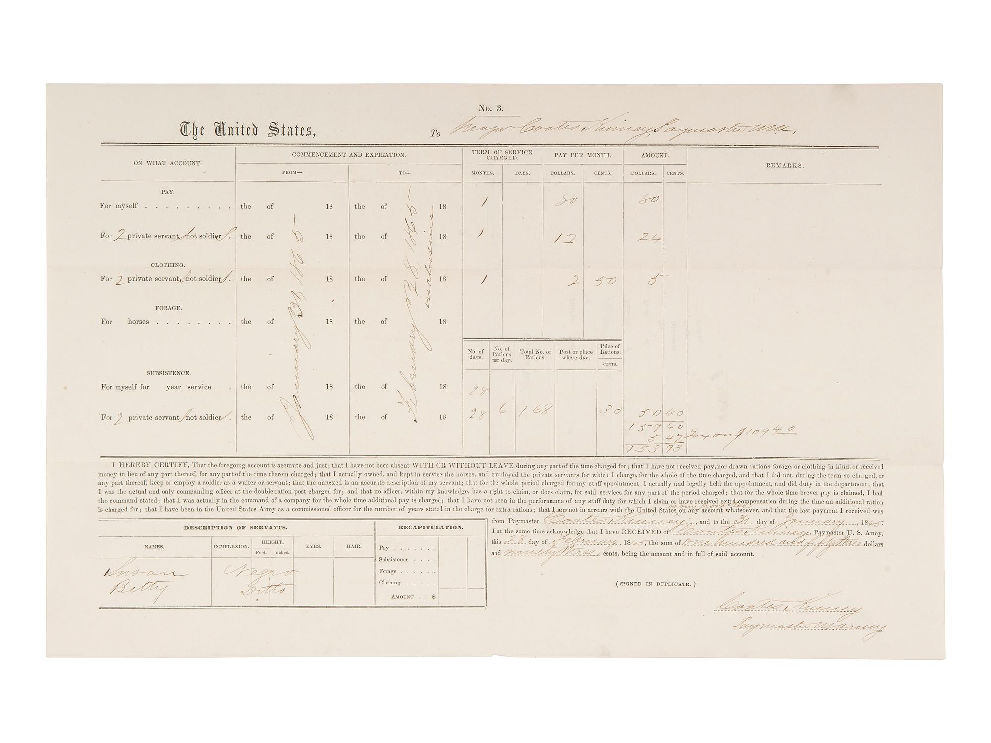 [CIVIL WAR]. Major Coates KINNEY (1826-1904). Document signed as Paymaster, with autograph poem.