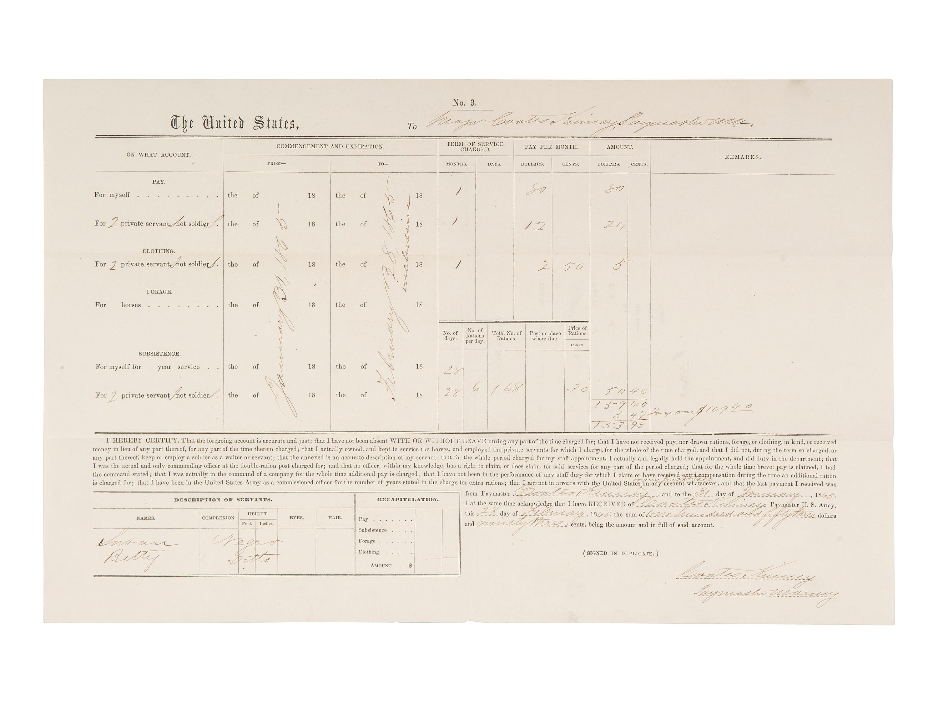 [CIVIL WAR]. Major Coates KINNEY (1826-1904). Document signed as Paymaster, with autograph poem.