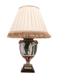 A Wedgwood Victoria Ware Vase Mounted as a Lamp with a Fringed Silk Shade
