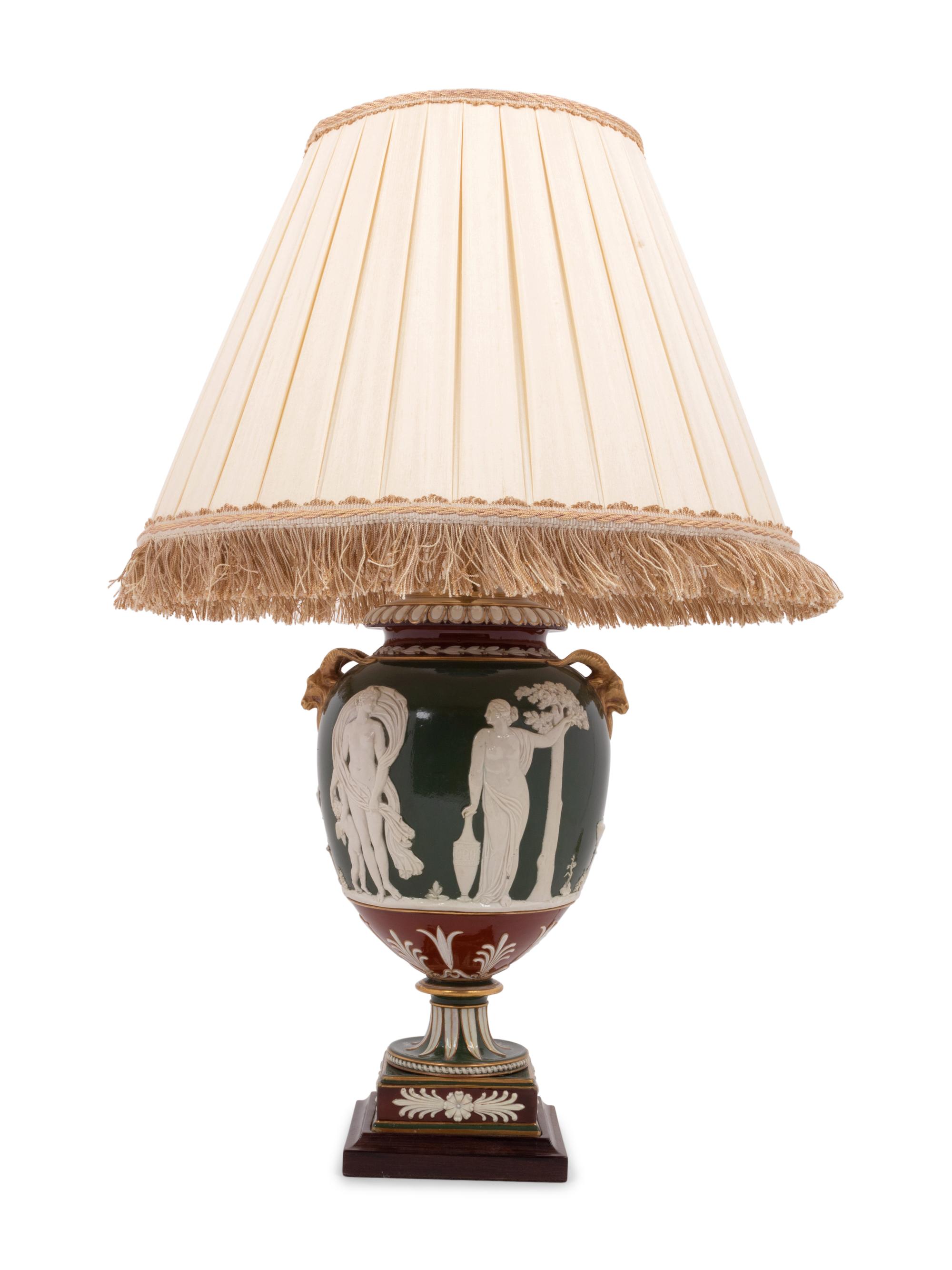 A Wedgwood Victoria Ware Vase Mounted as a Lamp with a Fringed Silk Shade