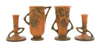 Four Roseville Bushberry Pottery Articles Height of tallest 6 3/8 inches.