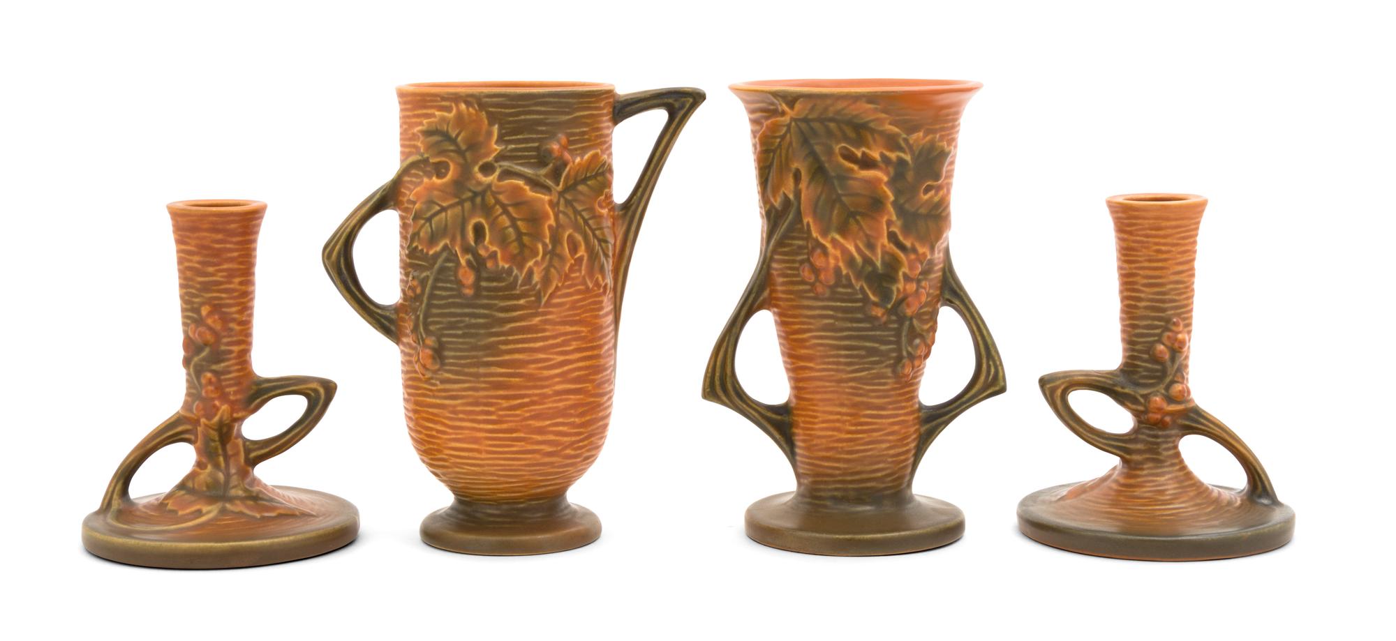 Four Roseville Bushberry Pottery Articles Height of tallest 6 3/8 inches.