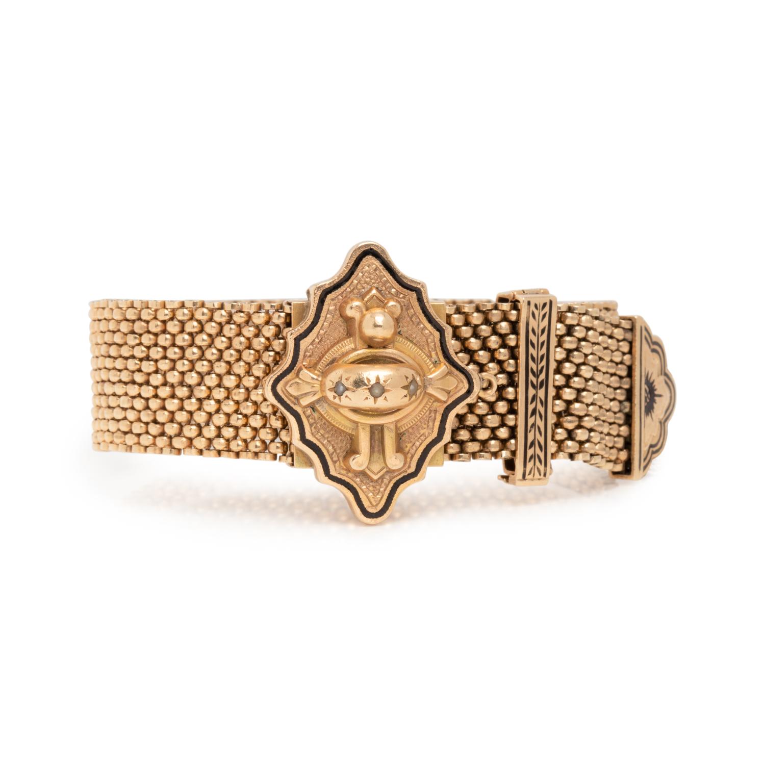 YELLOW GOLD, SEED PEARL AND ENAMEL SLIDE BRACELET