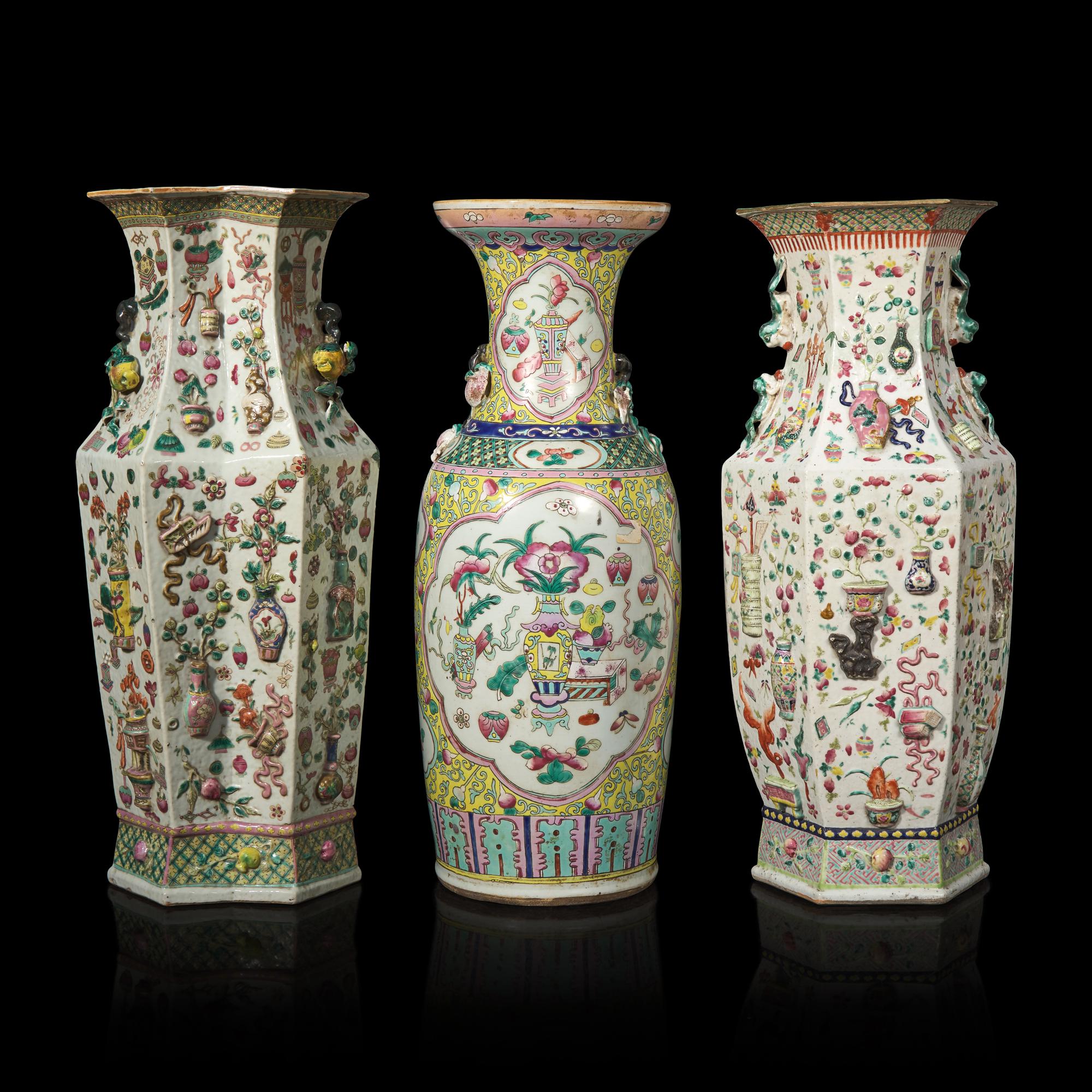 Three Chinese Famille Rose Porcelain 'Bogu' Vases, Late 19th-20th Century — 晚清-民國 粉彩博古圖賞瓶三件