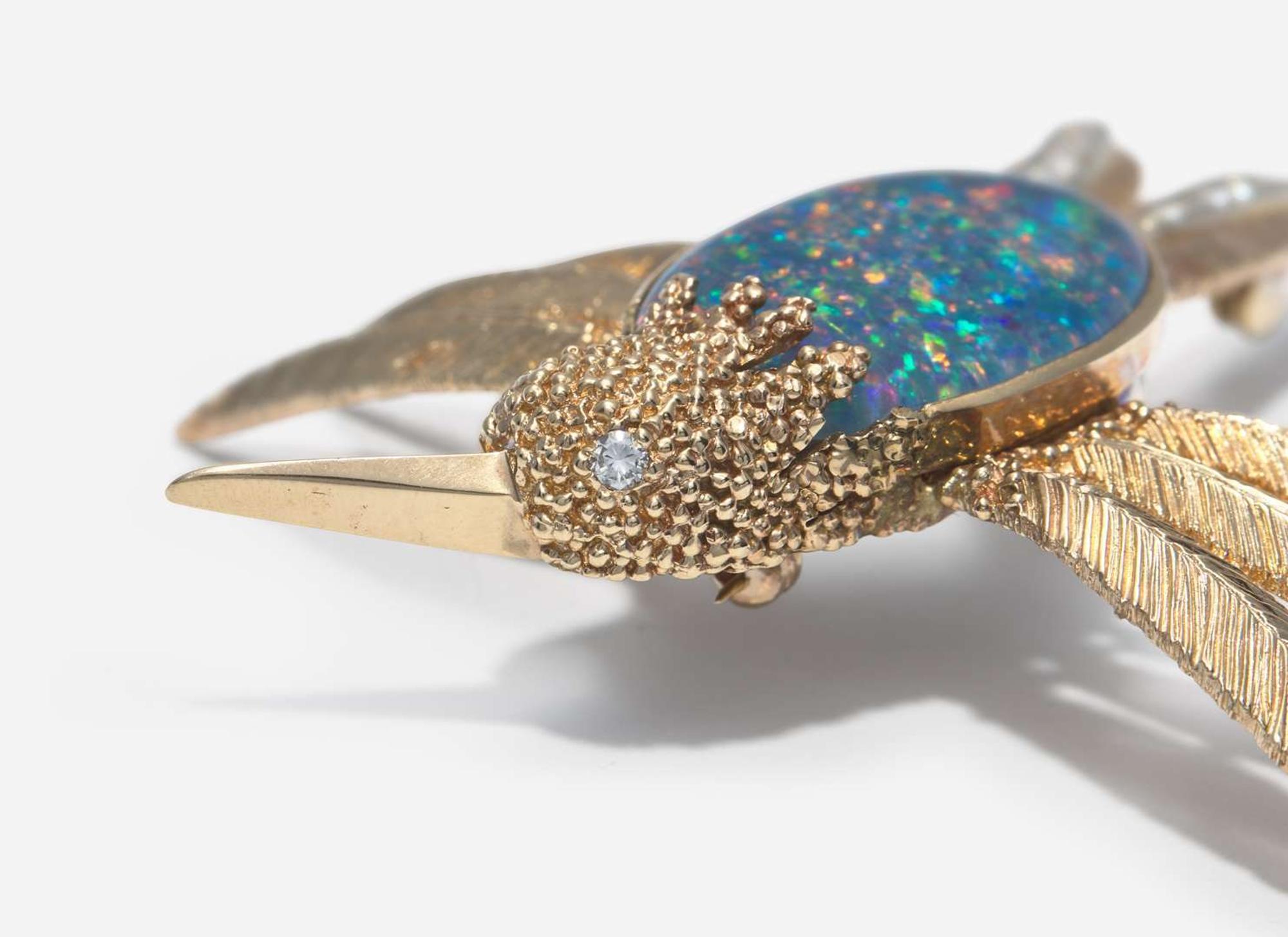 A 14K Yellow Gold, Black Opal, and Diamond Brooch