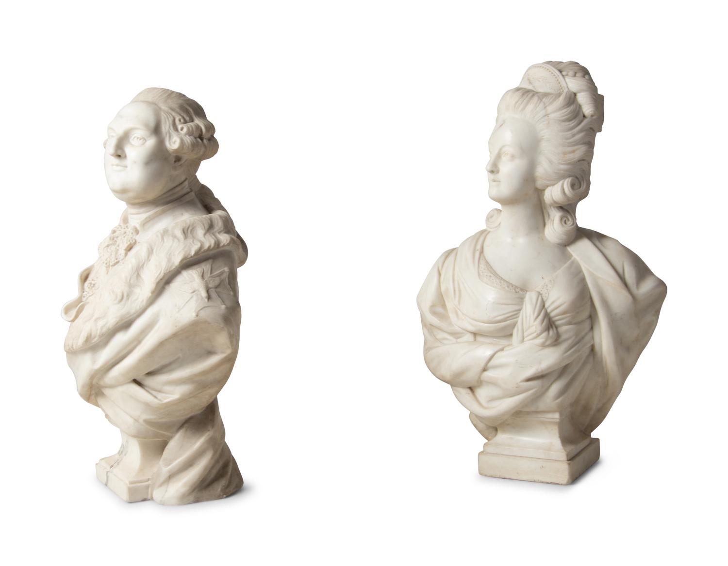 A Pair of French Carved Marble Busts of Louis XVI and Marie Antoinette