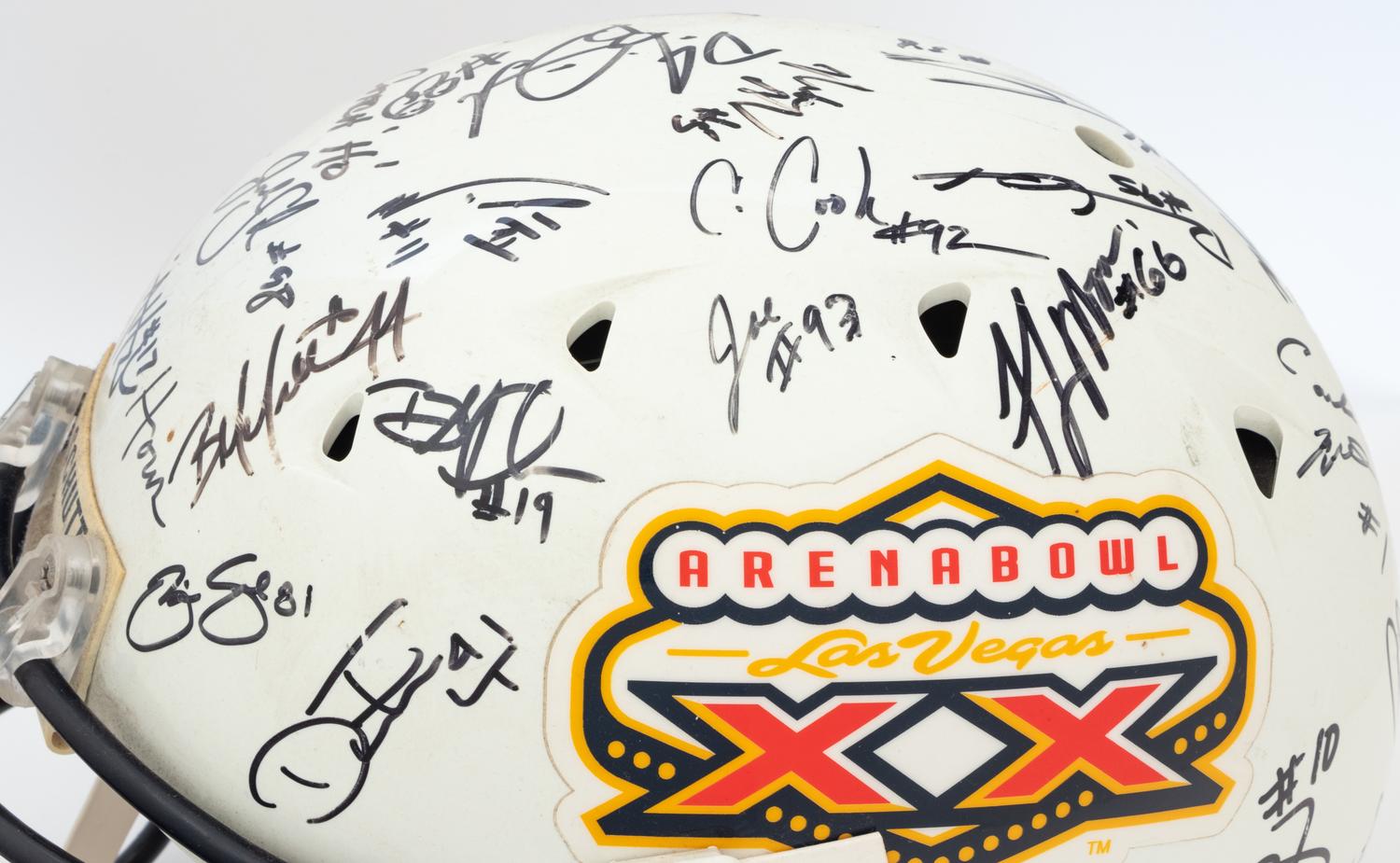 A 2006 Chicago Rush Team Signed Autograph Arena Bowl XX Football Helmet Presented to Mike Ditka Formerly Displayed at Mike Ditka's Restaurant