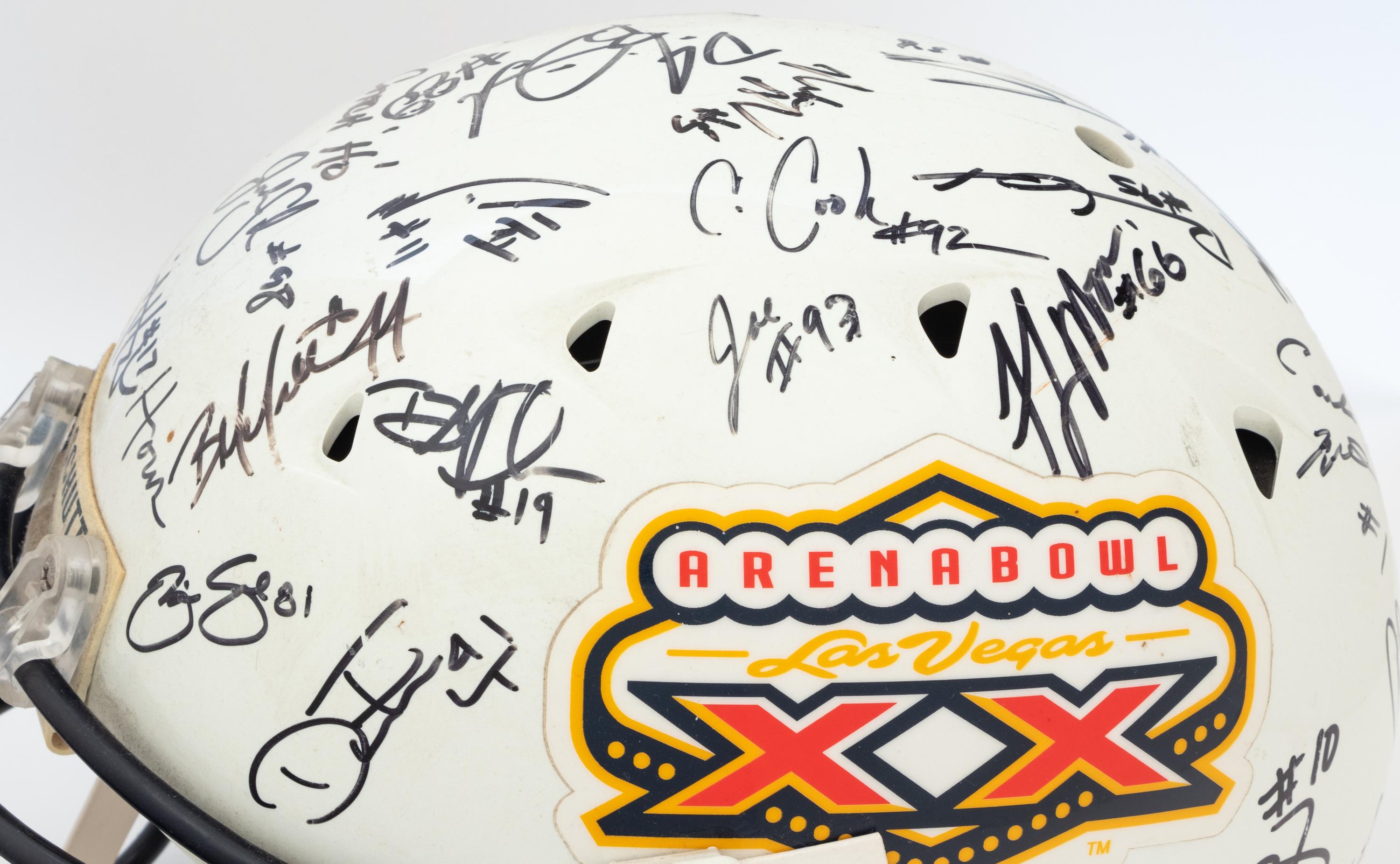 A 2006 Chicago Rush Team Signed Autograph Arena Bowl XX Football Helmet Presented to Mike Ditka Formerly Displayed at Mike Ditka's Restaurant