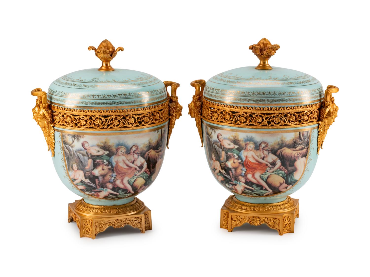 A Pair of Gilt-Bronze-Mounted Sevres Style Porcelain Potpourri