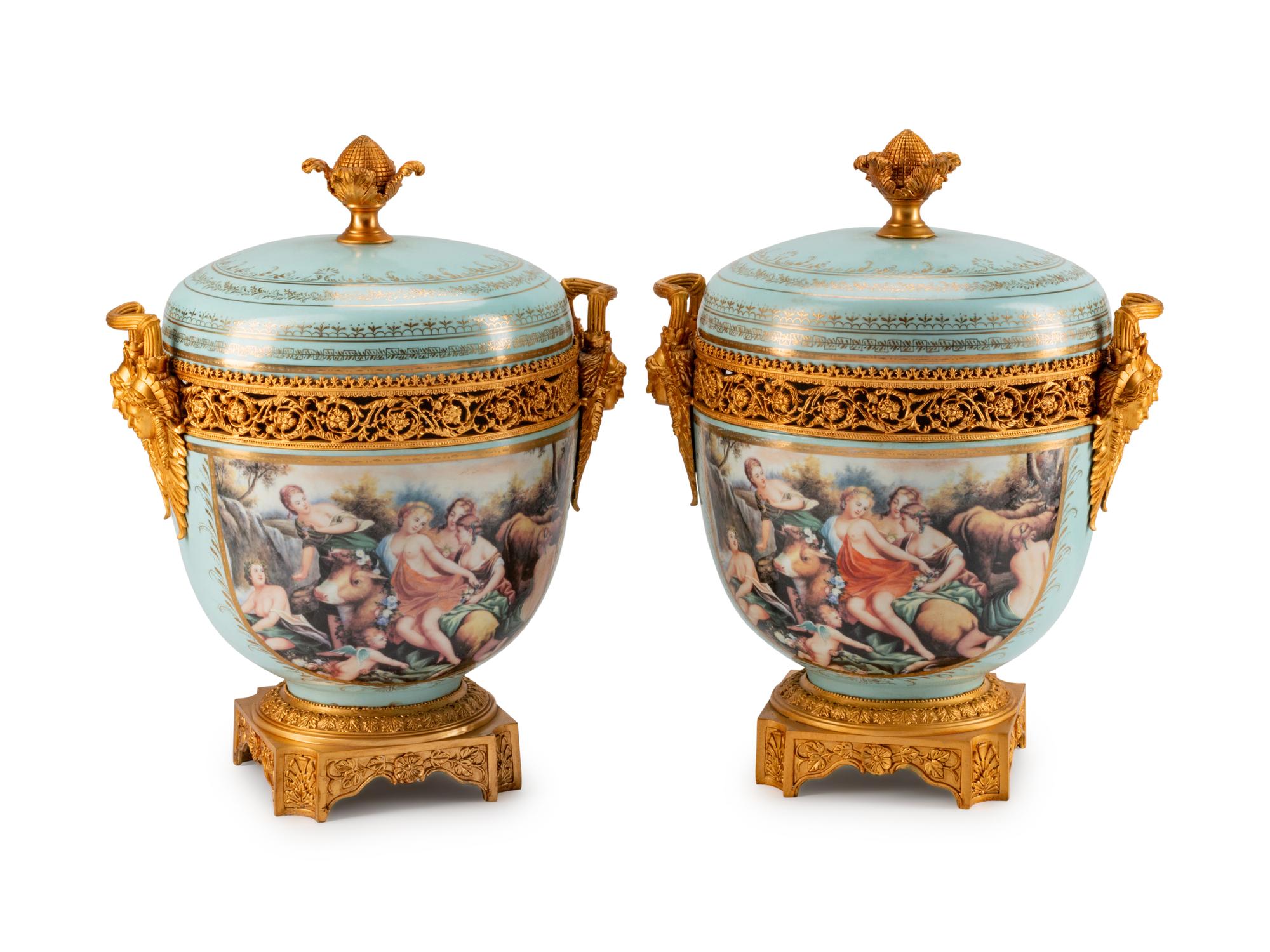 A Pair of Gilt-Bronze-Mounted Sevres Style Porcelain Potpourri