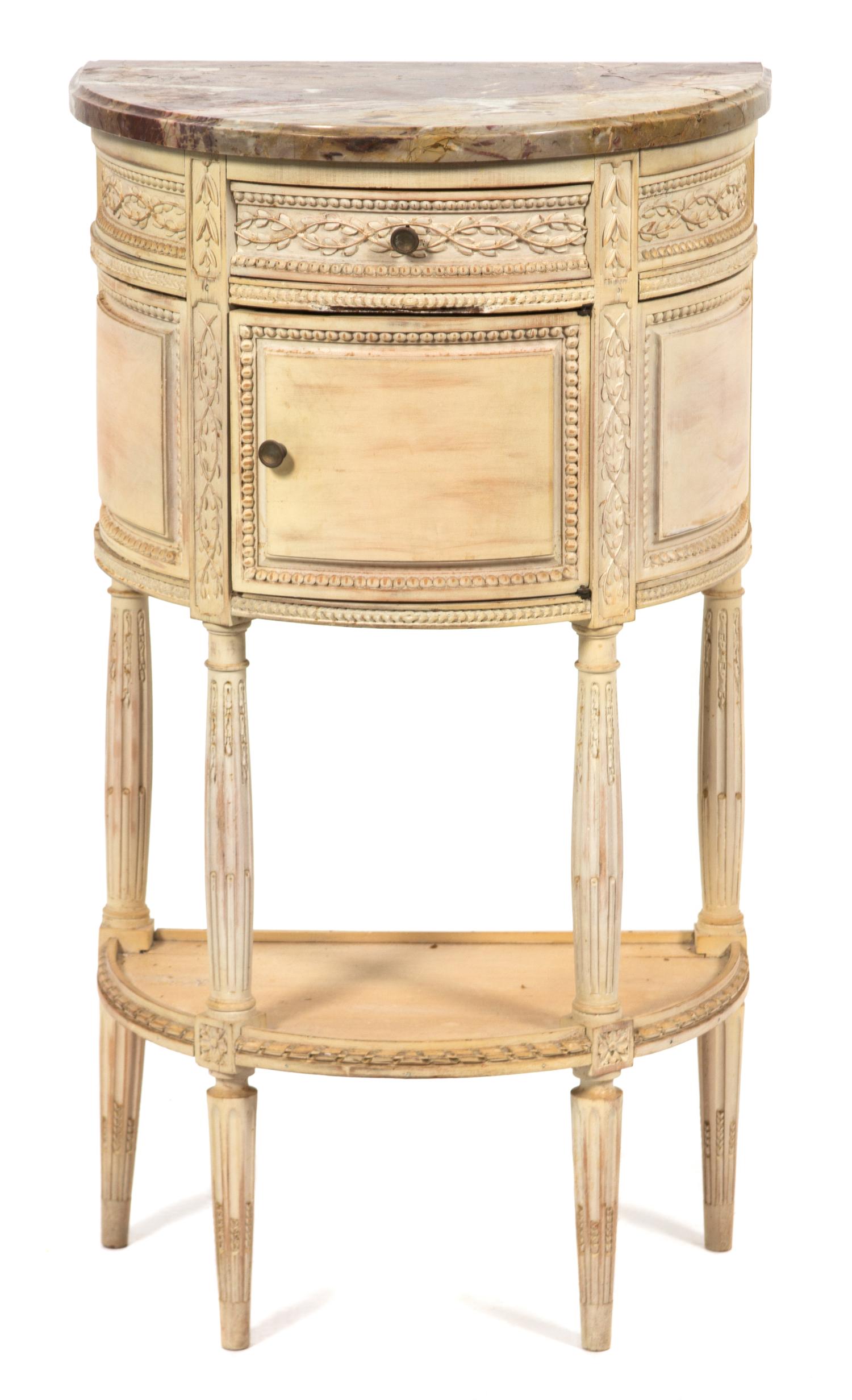 A Louis XVI Style Marble Top Demilune Cabinet Height 34 x width 18 1/2 x depth 12 inchces. — 19TH CENTURY