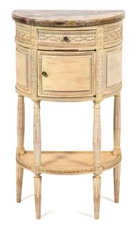 A Louis XVI Style Marble Top Demilune Cabinet Height 34 x width 18 1/2 x depth 12 inchces. — 19TH CENTURY