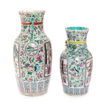 Two Chinese Export Rose Mandarin Porcelain Vases Height of taller 17 3/4 inches. — 19TH CENTURY