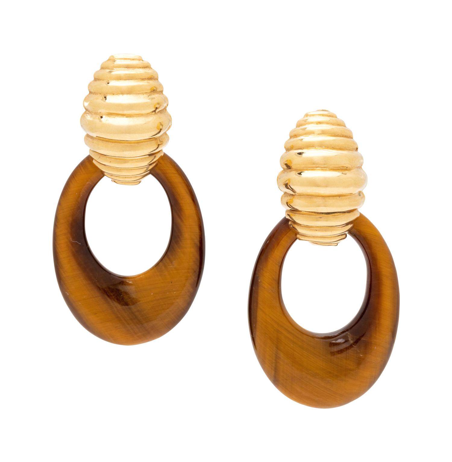 A Pair of Yellow Gold and Hardstone Convertible Earclips,