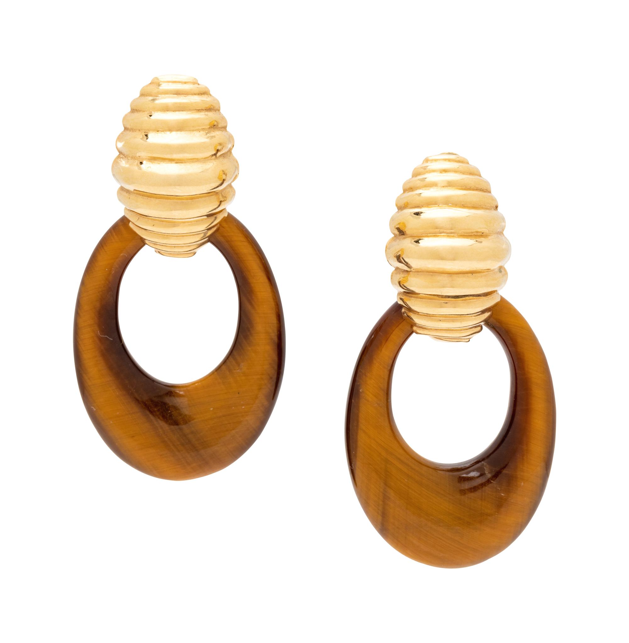 A Pair of Yellow Gold and Hardstone Convertible Earclips,