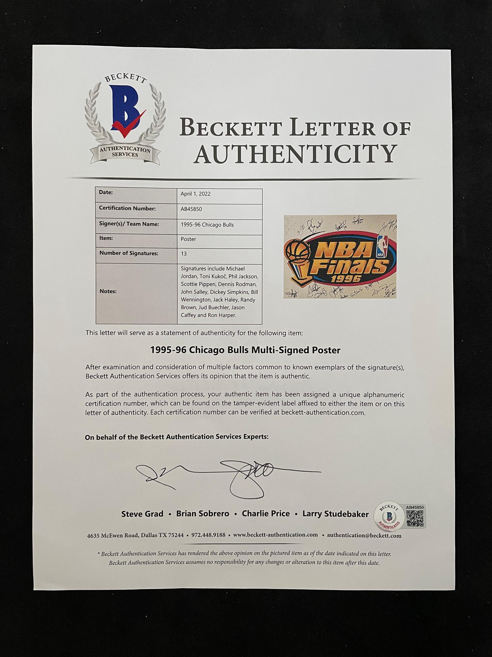 An Exceptionally Rare 1996 NBA Finals Chicago Bulls Team Signed Autograph Locker Room Sign Including Michael Jordan (Bulls Letter and Beckett Authentication Letter BAS Services Certified)