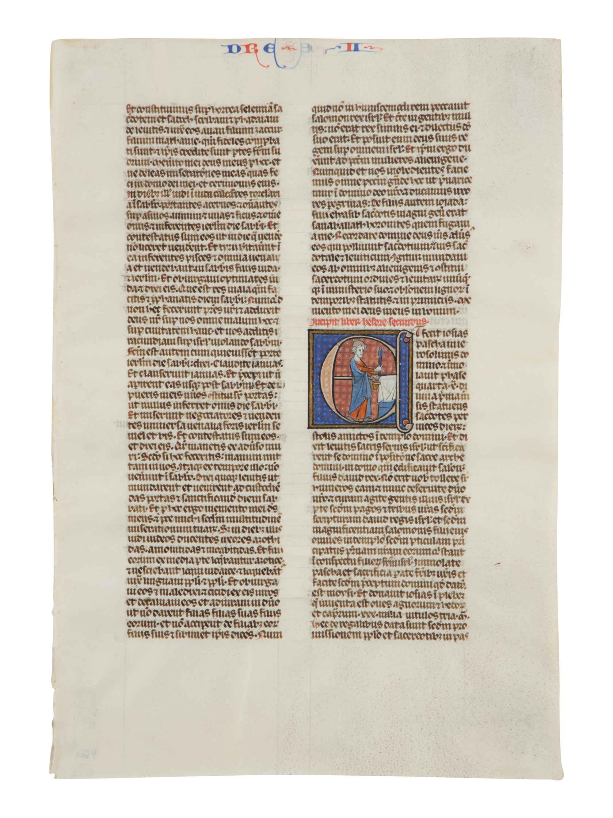 DOMINICAN PAINTER? (active Paris; mid-13th century) Single leaf from the Chester Beatty Bible (MS W.116), with historiated initial ‘E’ with Josia, in Latin, illuminated manuscript on parchment [France, c. 1250–1275]