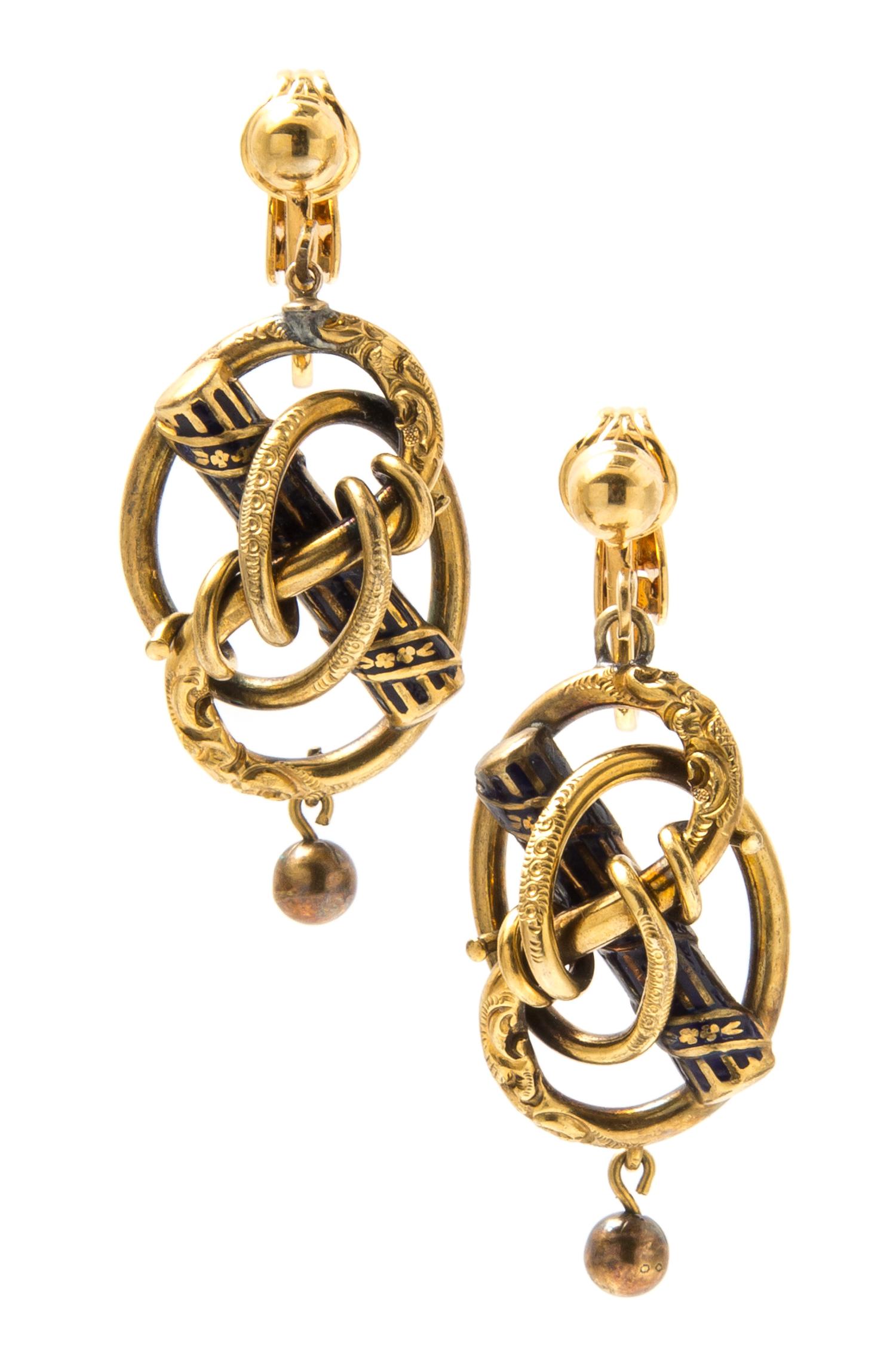 A Pair of Victorian Yellow Gold and Enamel Earrings, 6.40 dwts.