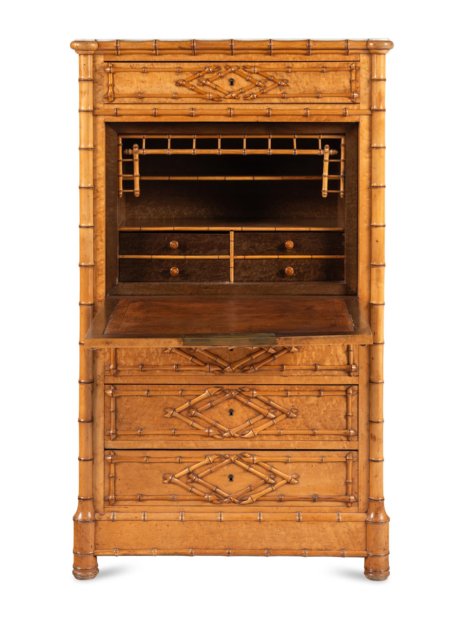 A Victorian Faux Bamboo-Carved Birdseye Maple Bureau Chest