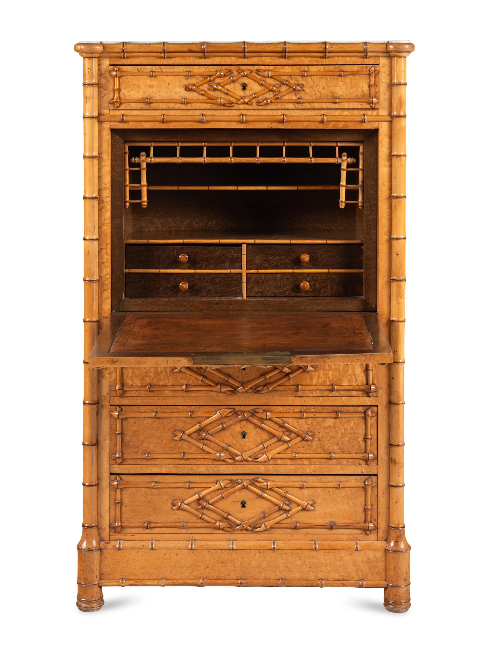 A Victorian Faux Bamboo-Carved Birdseye Maple Bureau Chest