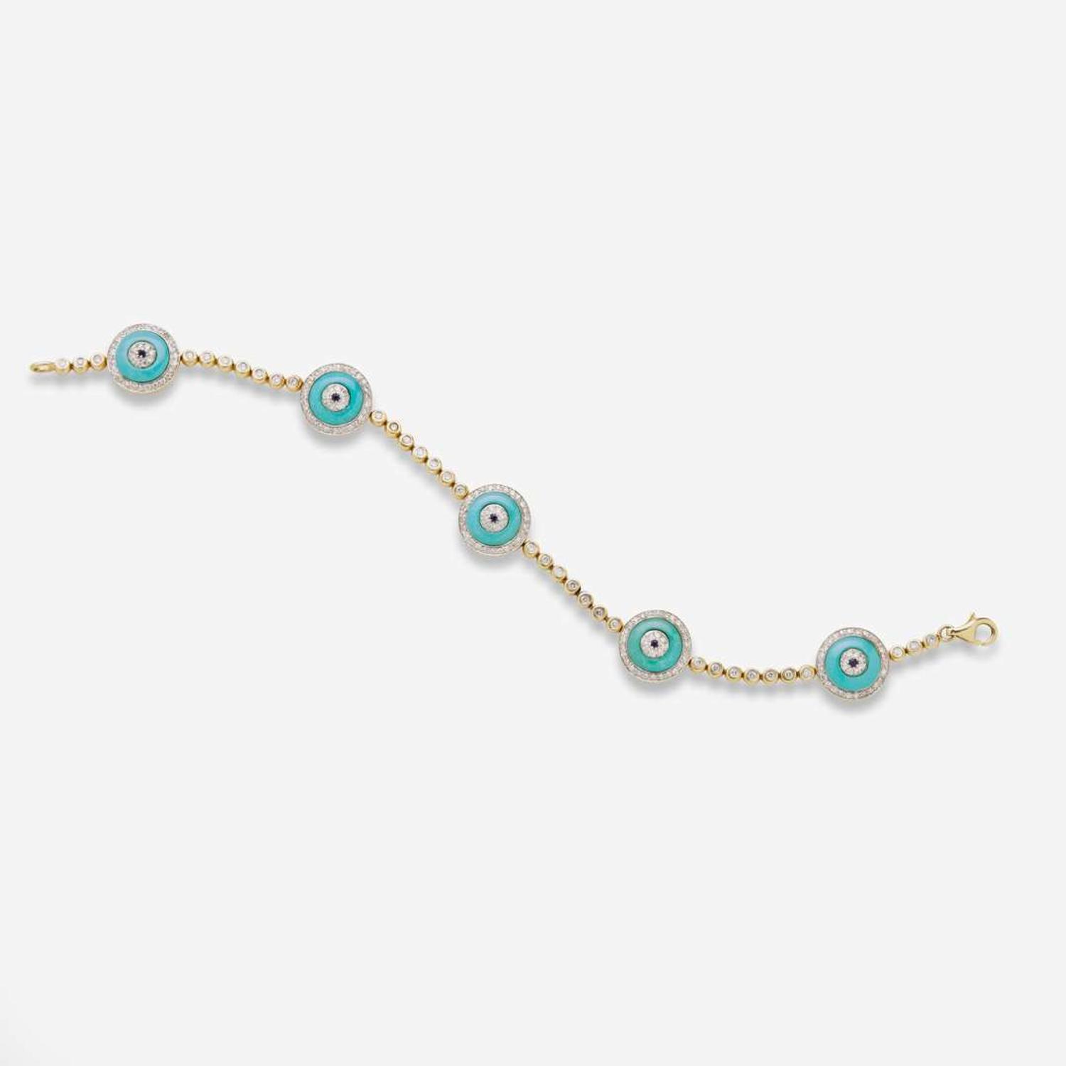 A 14K Yellow Gold, Diamond, Turquoise, and Sapphire Bracelet