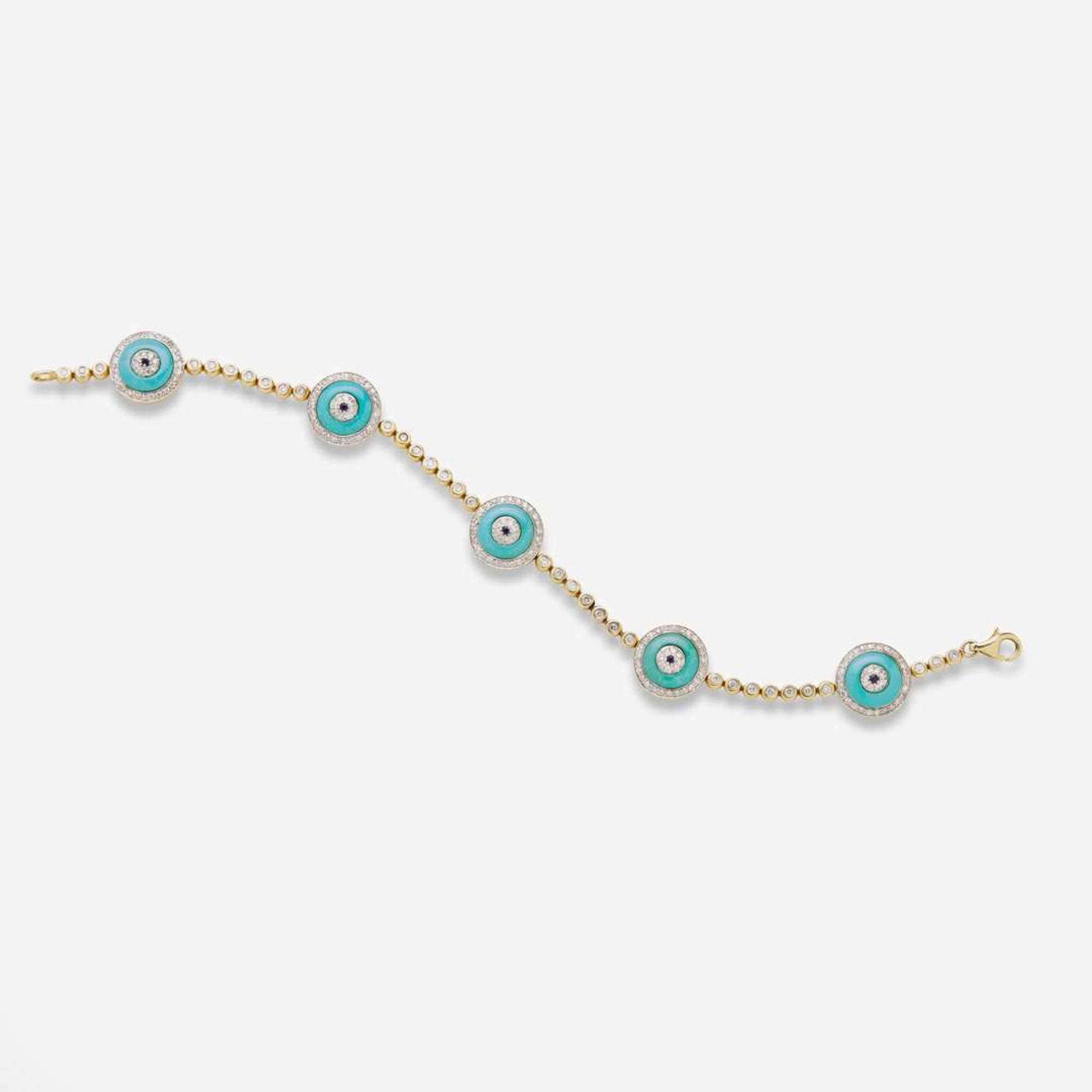 A 14K Yellow Gold, Diamond, Turquoise, and Sapphire Bracelet