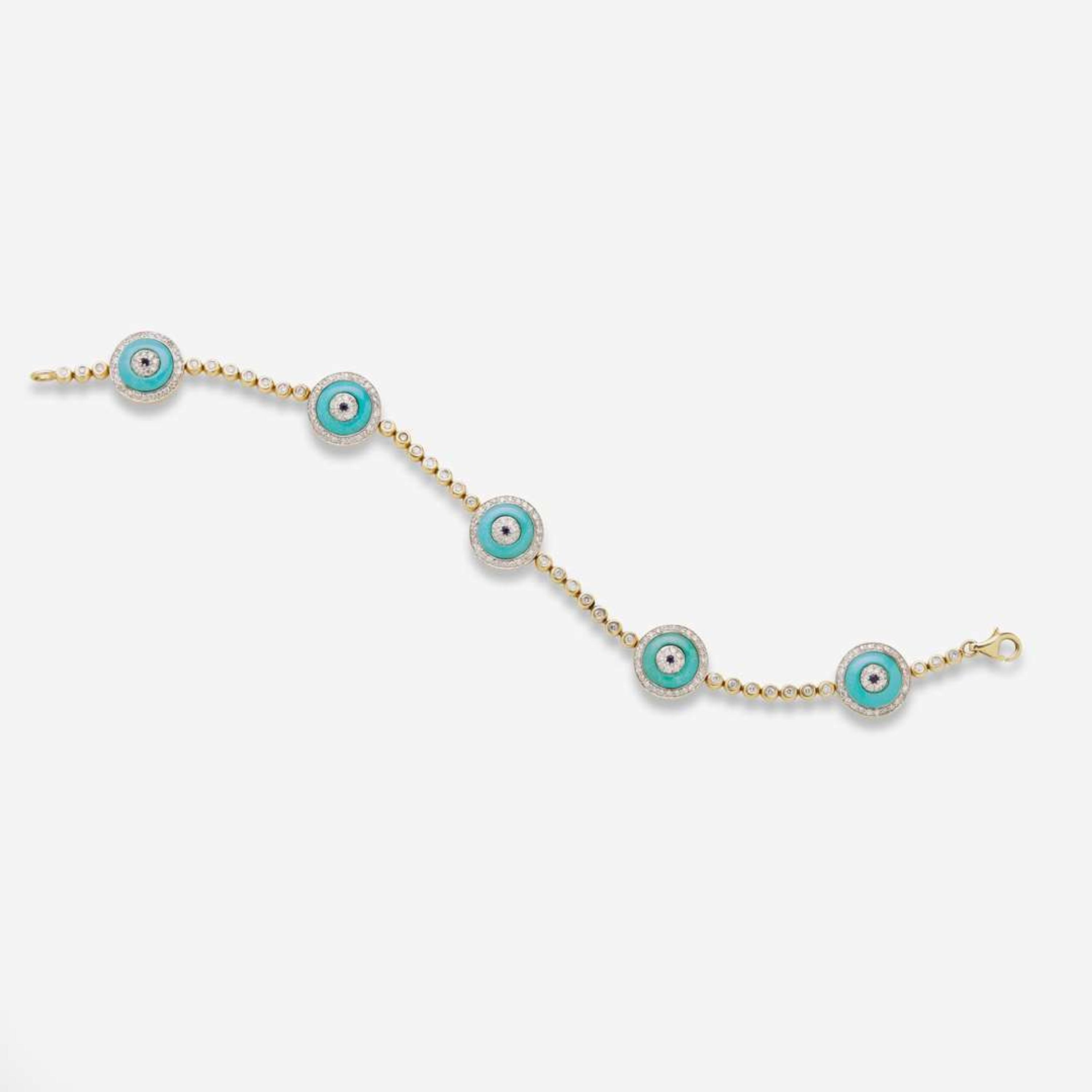 A 14K Yellow Gold, Diamond, Turquoise, and Sapphire Bracelet