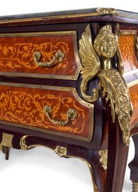 A Louis XIV Style Gilt Metal Mounted Marquetry Marble-Top Commode After the Model by André-Charles Boulle