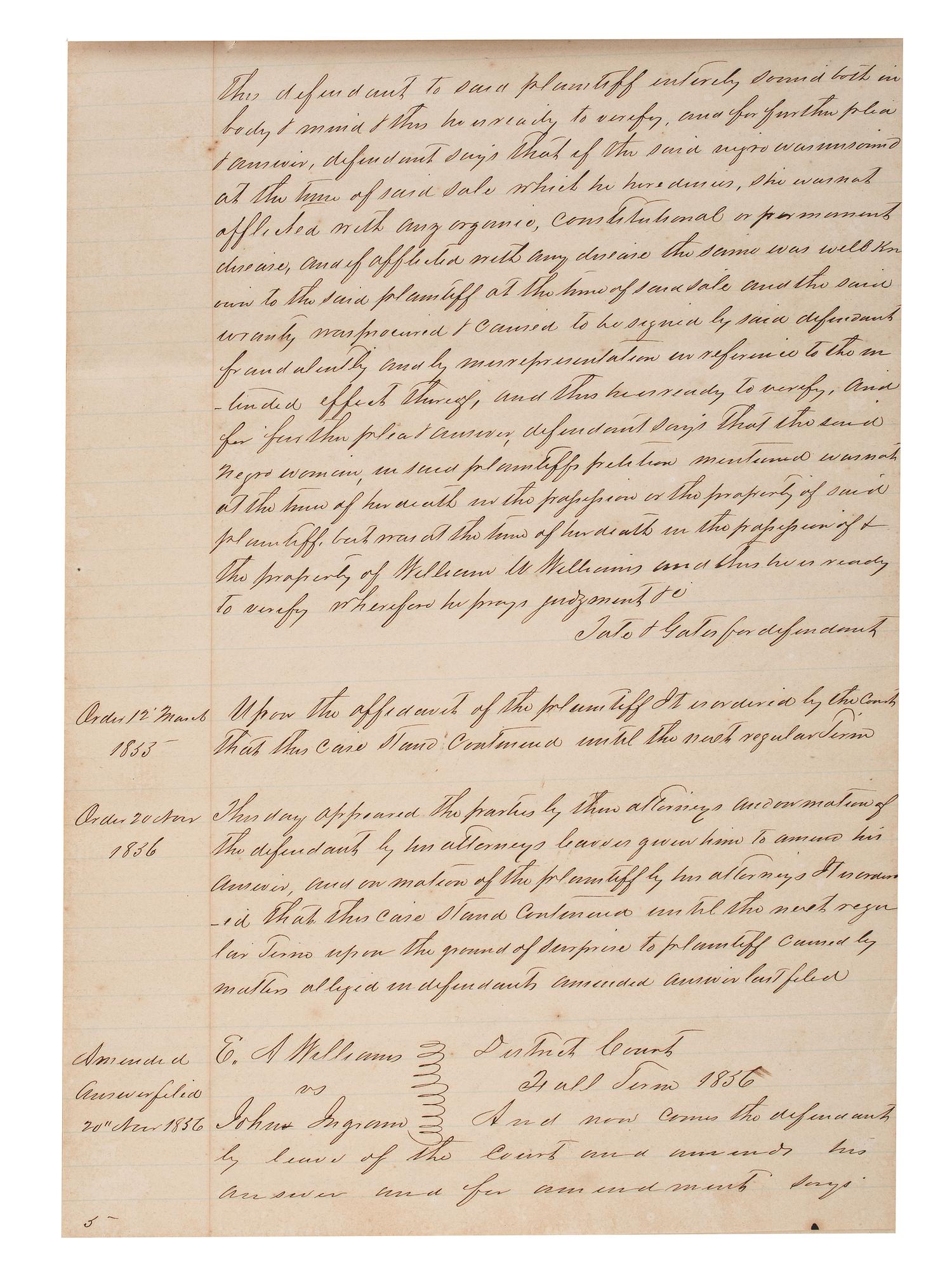 [SLAVERY & ABOLITION]. Manuscript court document related to the sale of an enslaved woman named "Frances," Fayette County, TX, 1857.