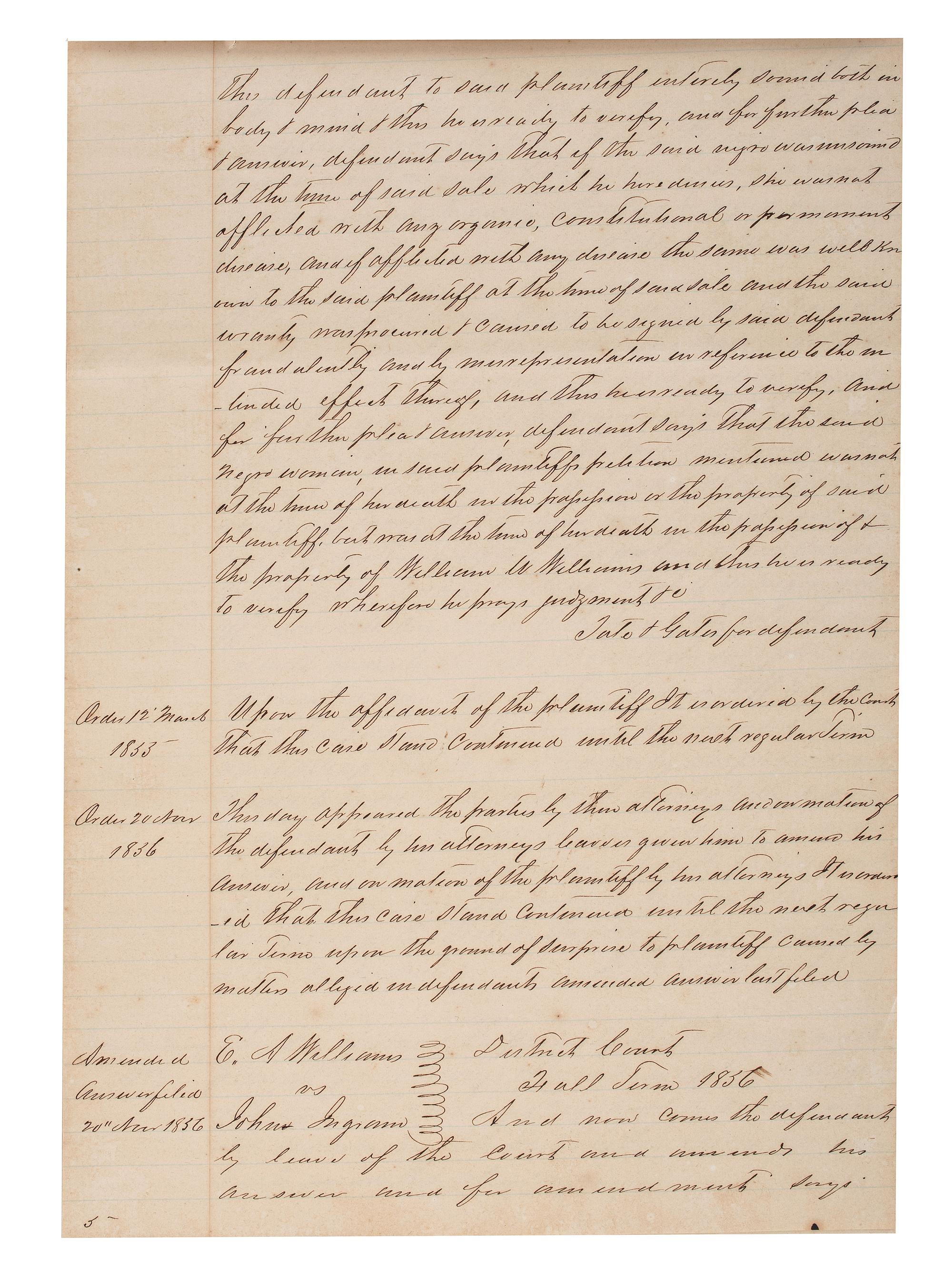 [SLAVERY & ABOLITION]. Manuscript court document related to the sale of an enslaved woman named "Frances," Fayette County, TX, 1857.