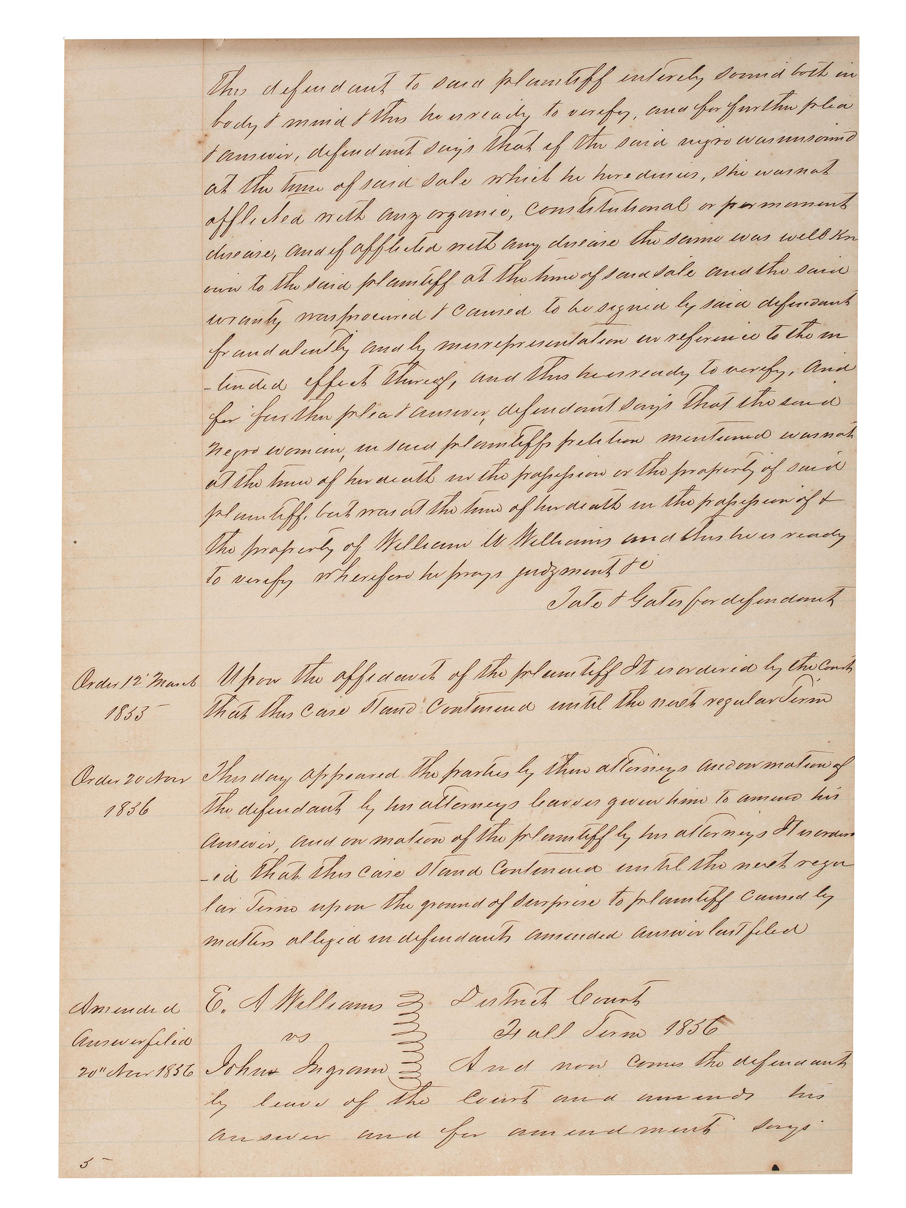 [SLAVERY & ABOLITION]. Manuscript court document related to the sale of an enslaved woman named "Frances," Fayette County, TX, 1857.