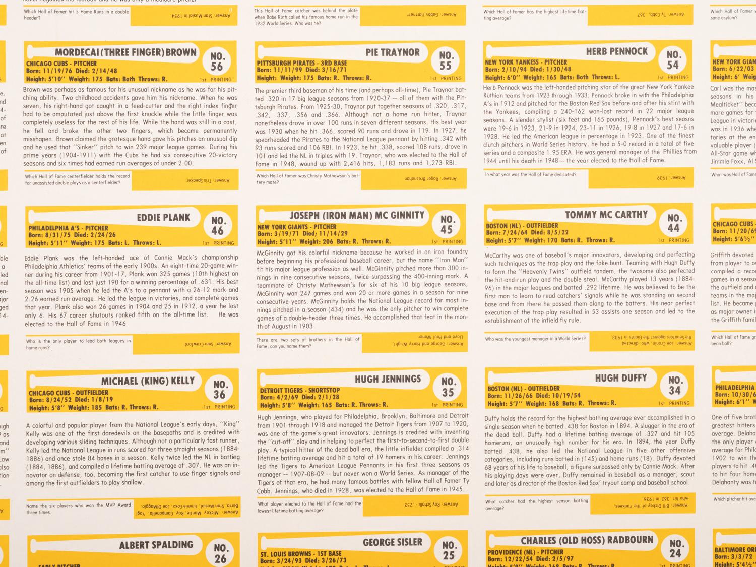 A Group of Five Uncut Sheets of 1980 Baseball Immortals and Home Run Legends Baseball Cards