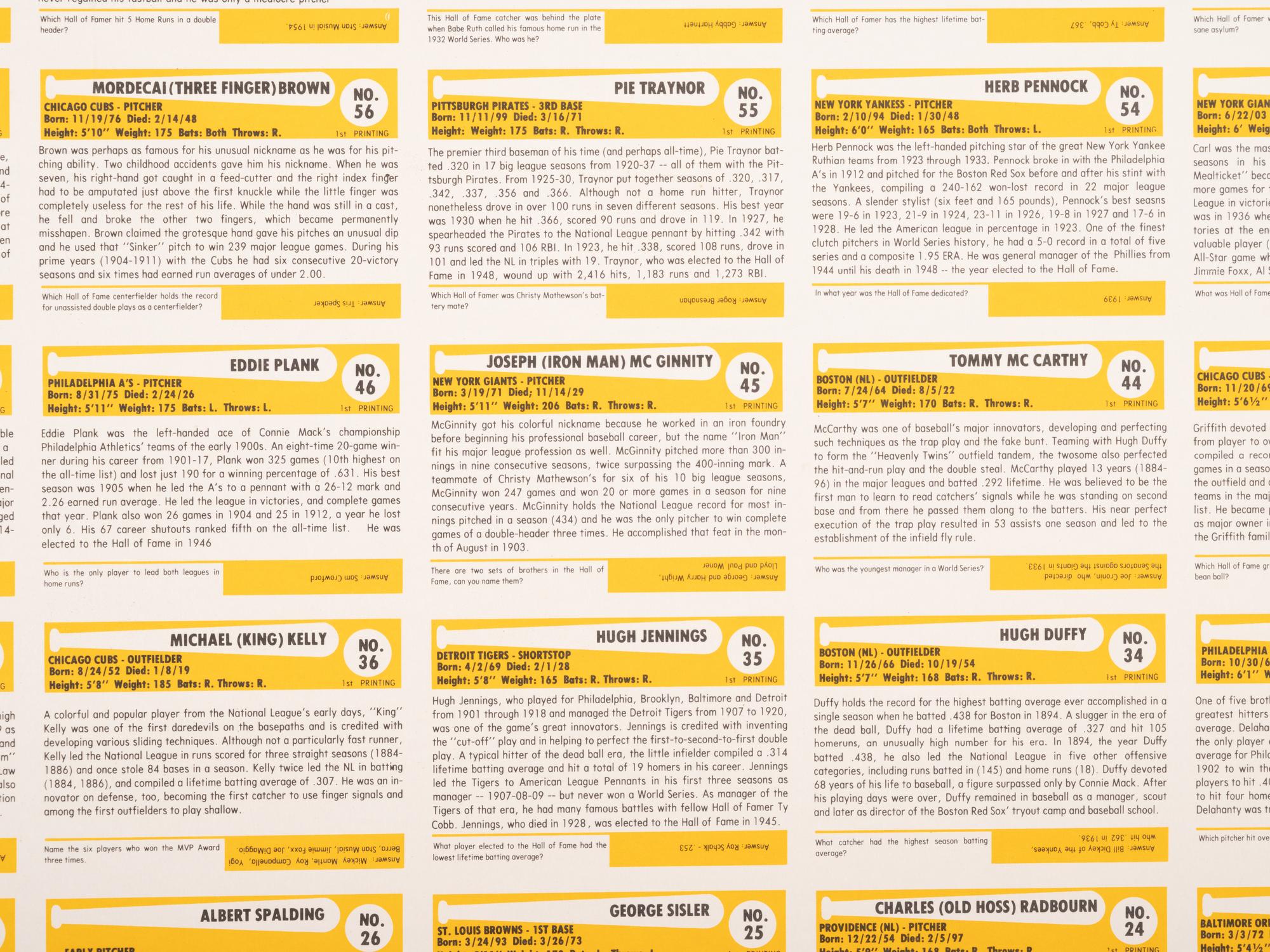 A Group of Five Uncut Sheets of 1980 Baseball Immortals and Home Run Legends Baseball Cards