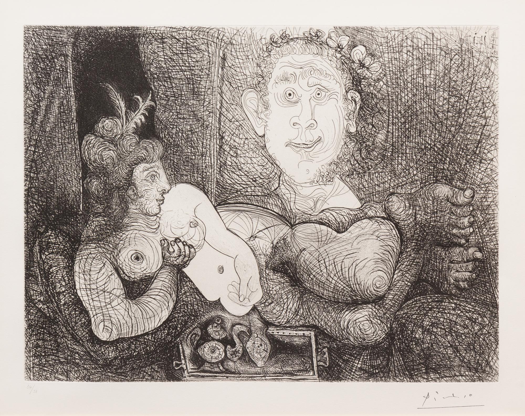 Pablo Picasso, (Spanish, 1881–1973), Les coulisses du tableau, Odalisque et peintre from La Serie 156, 1970