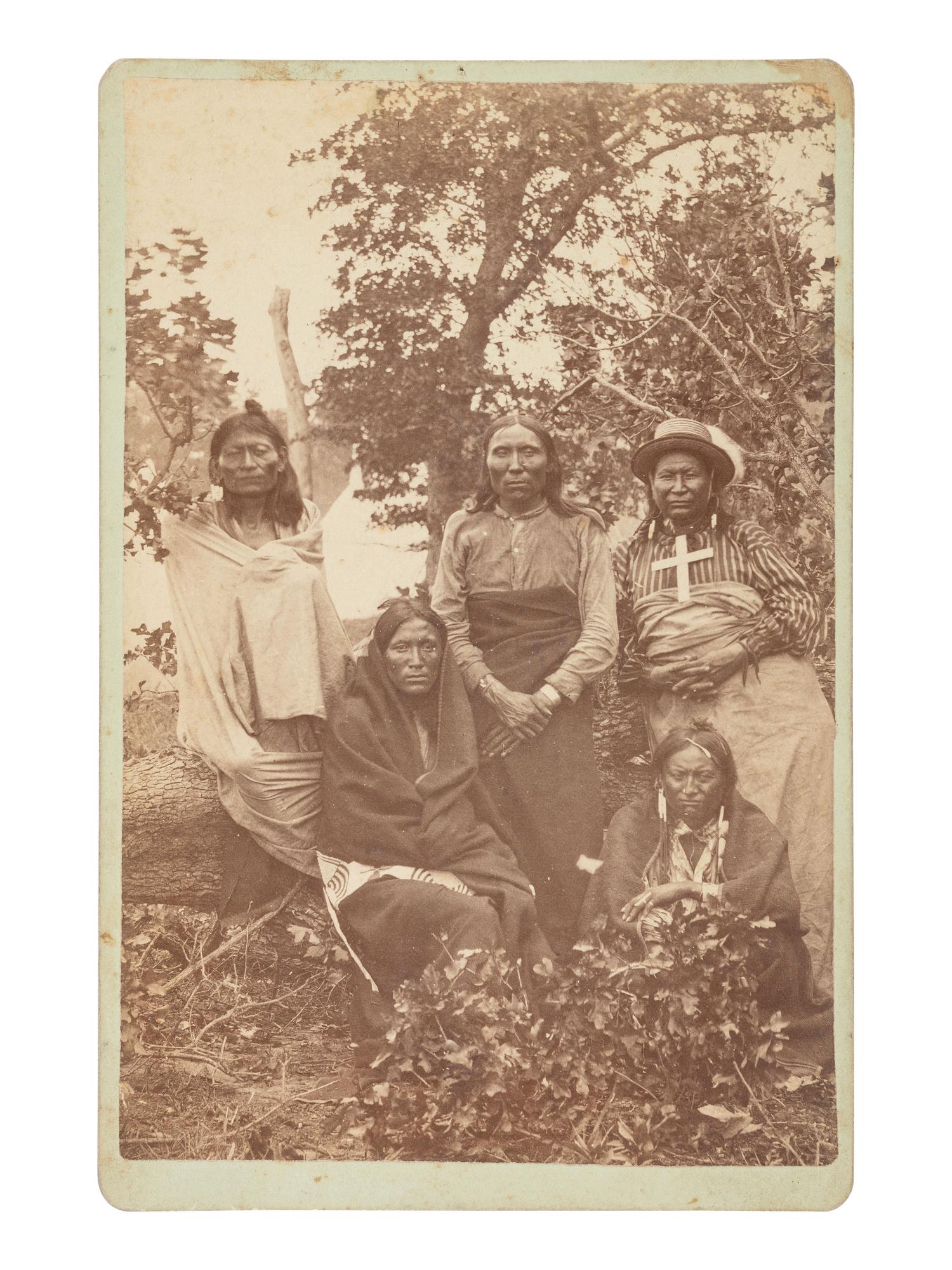 BLISS, William P. (b. ca 1840), photographer. Cabinet card of Apache Medicine Council. Fort Sill, Indian Territory, ca 1875.
