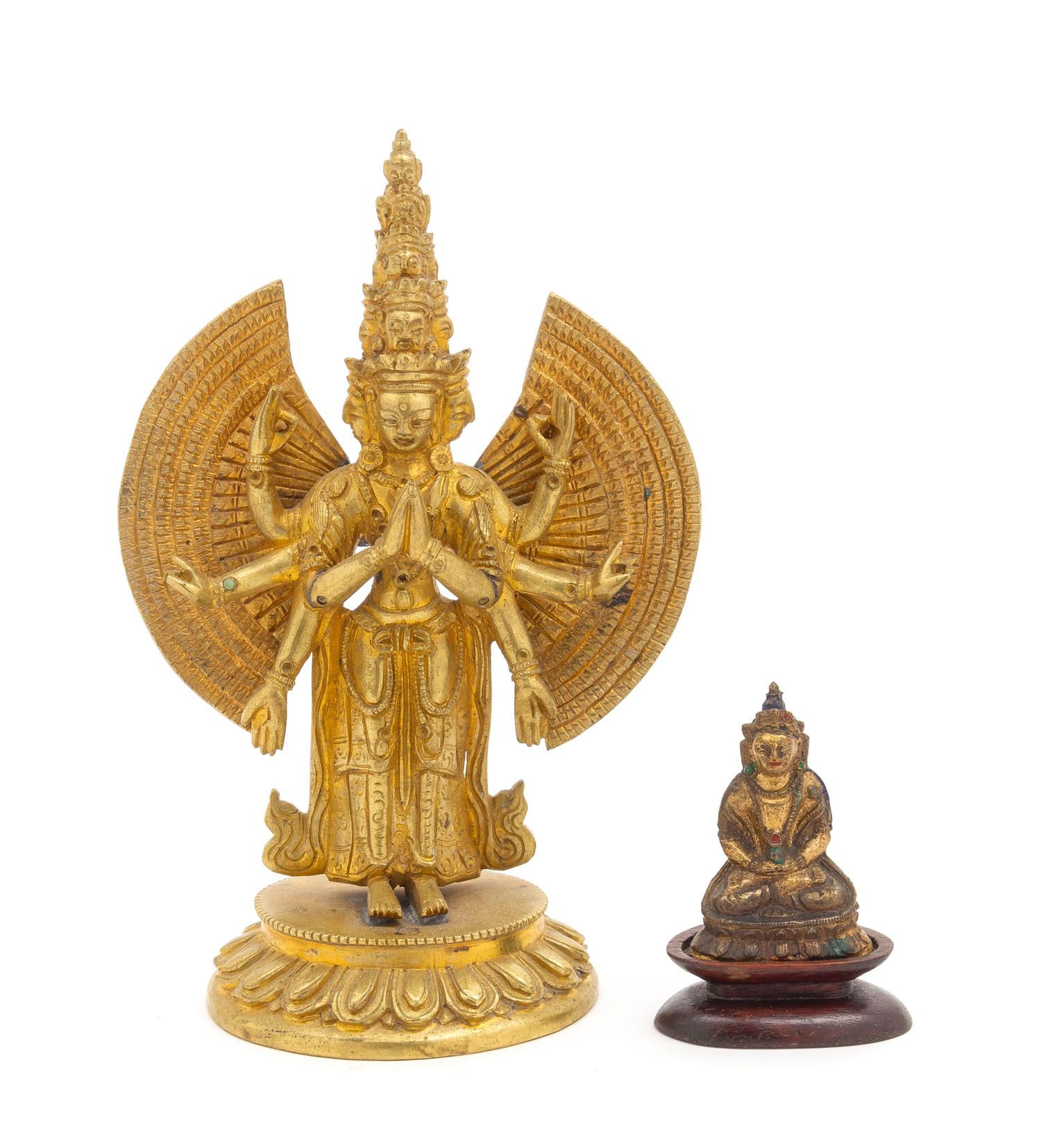 Two Sino-Tibetan Gilt Bronze Figures of Bodhisattvas Height of taller 6 1/2 inches.