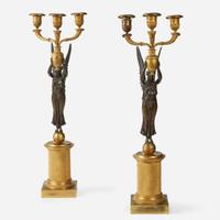 A Pair of Empire Gilt and Patinated Bronze Figural Three-Light Candelabra early 19th century