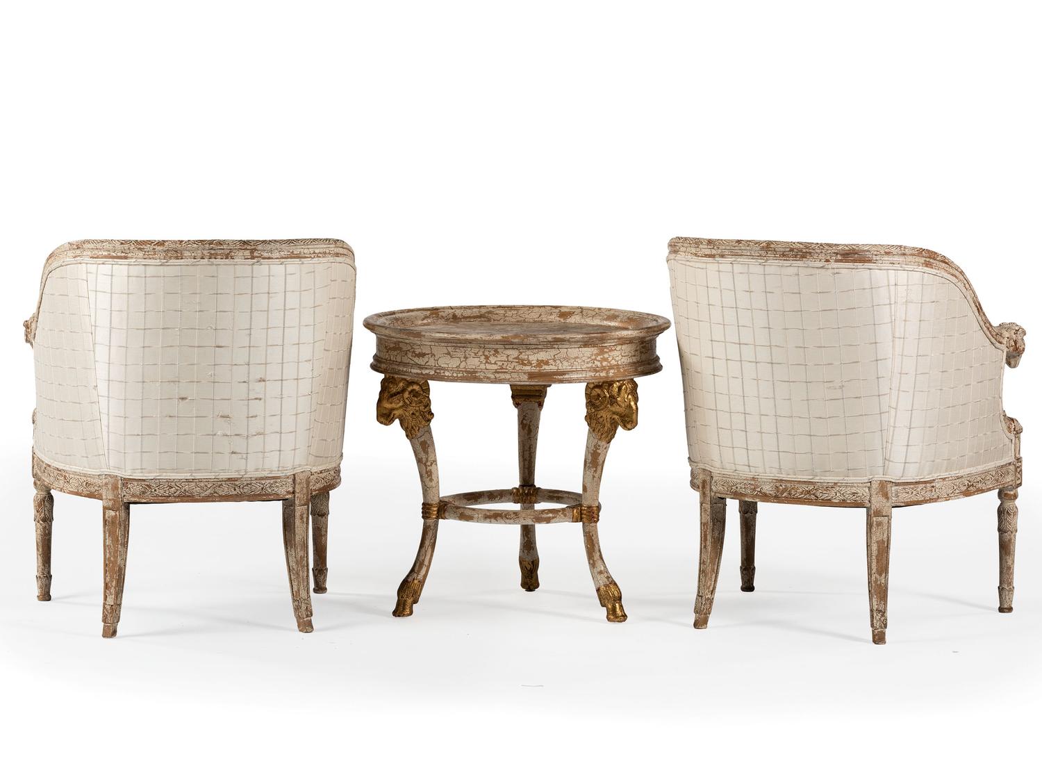 A Pair of Louis XVI-Style Carved and Painted Bergeres and Center Table