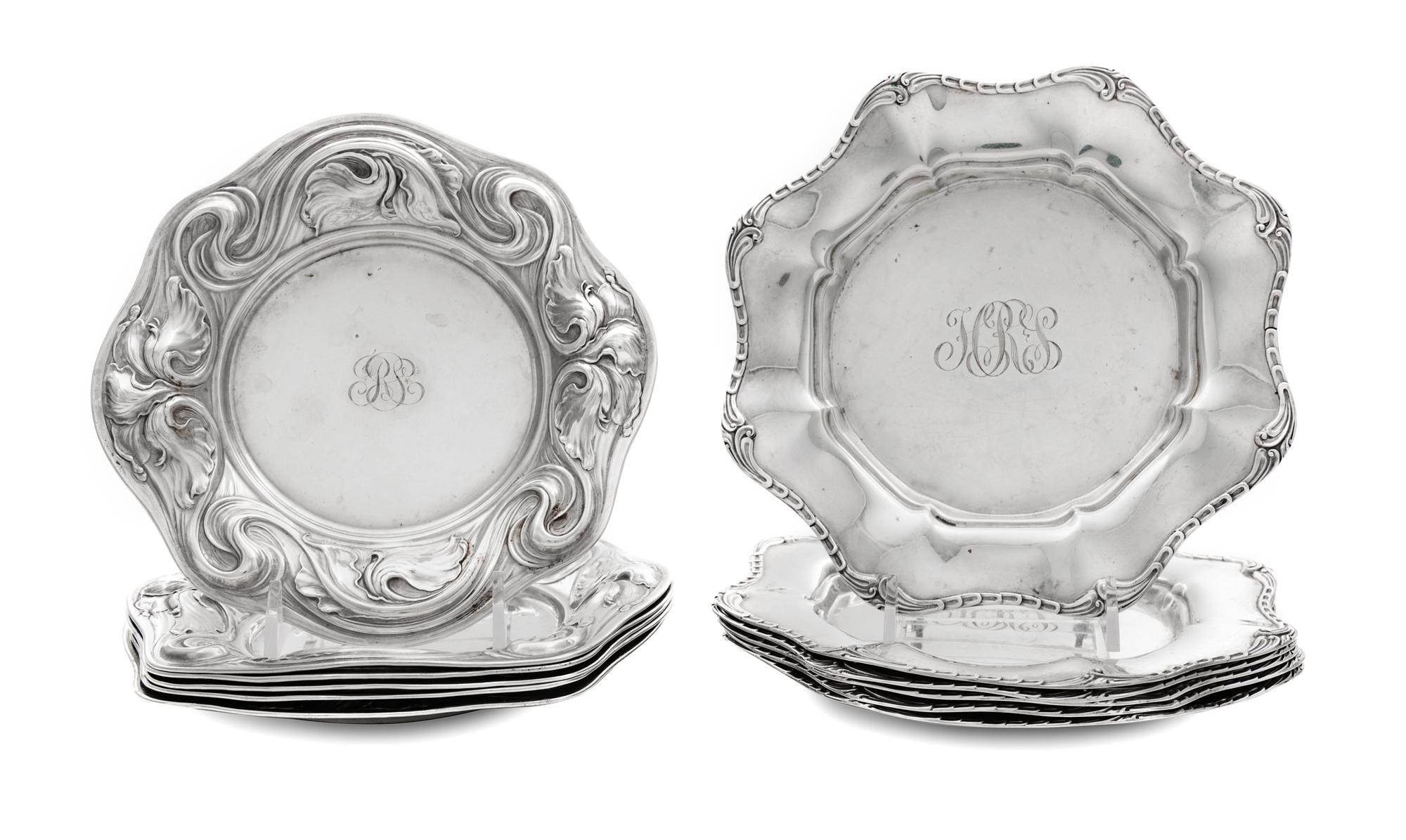 Two Sets of American Silver Bread Plates
