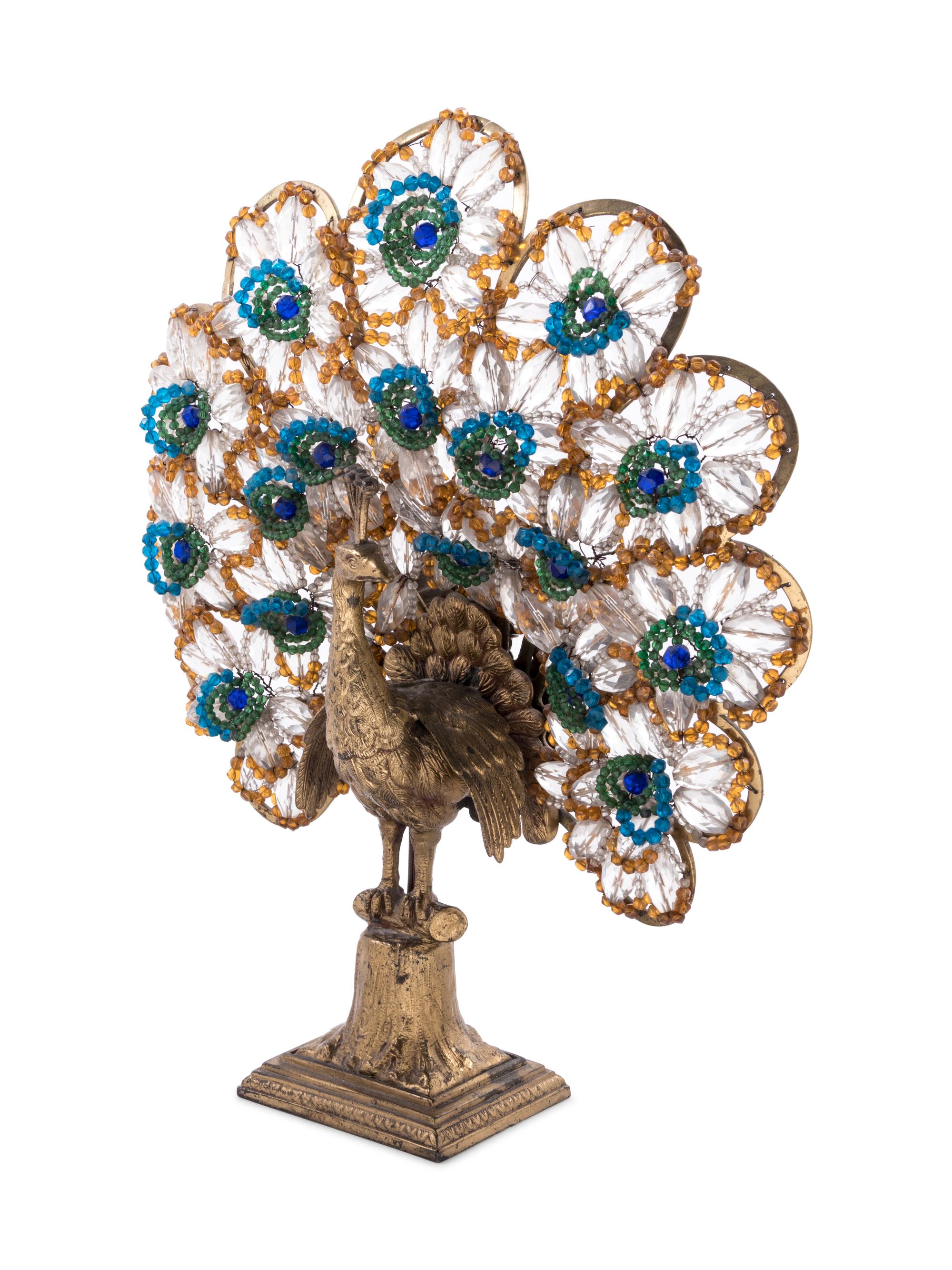 A Neoclassical Cut and Colored Glass Mounted Gilt Metal Peacock Table Lamp