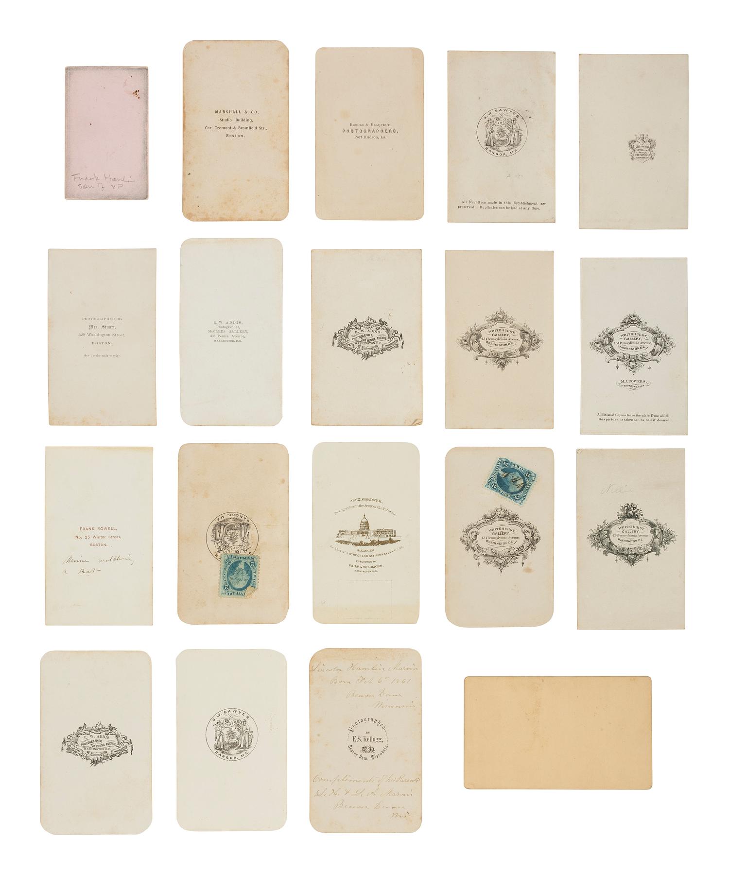 [CIVIL WAR]. A large collection of CDVs descended directly in the family of Vice President Hannibal Hamlin, incl. portraits of Hamlin family members, Civil War officers, politicians, artists, and celebrities.