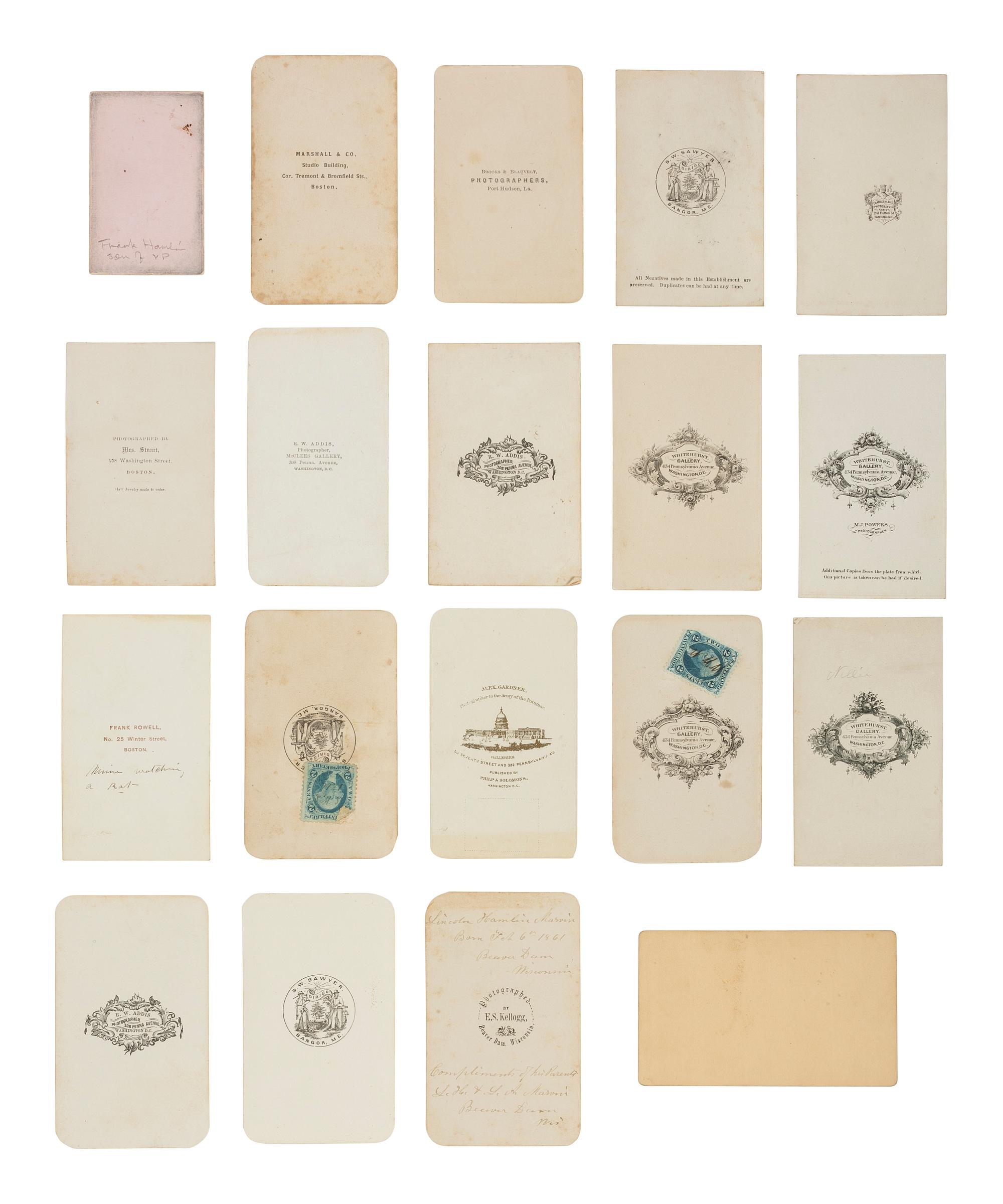 [CIVIL WAR]. A large collection of CDVs descended directly in the family of Vice President Hannibal Hamlin, incl. portraits of Hamlin family members, Civil War officers, politicians, artists, and celebrities.