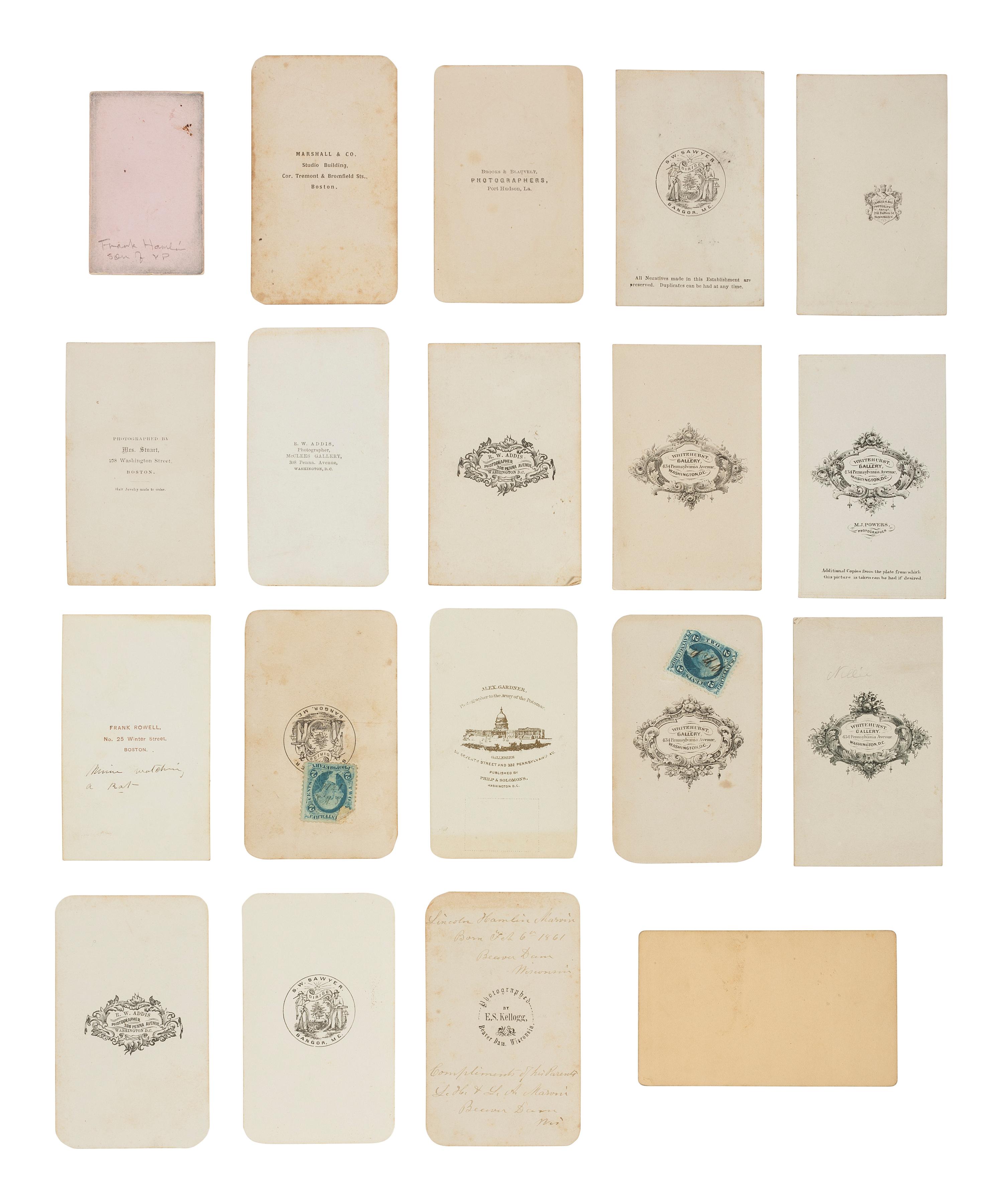 [CIVIL WAR]. A large collection of CDVs descended directly in the family of Vice President Hannibal Hamlin, incl. portraits of Hamlin family members, Civil War officers, politicians, artists, and celebrities.