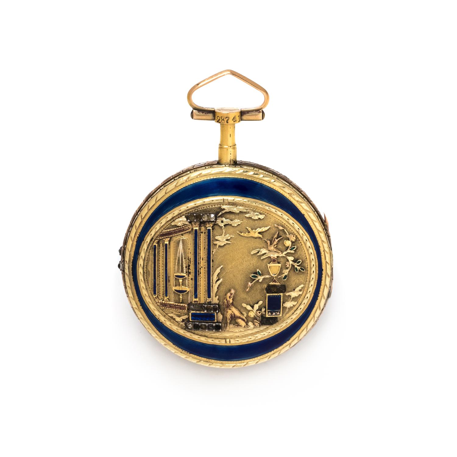 ISAAC SORET & FILS, GILT-METAL, ENAMEL AND PASTE OPEN FACE POCKET WATCH