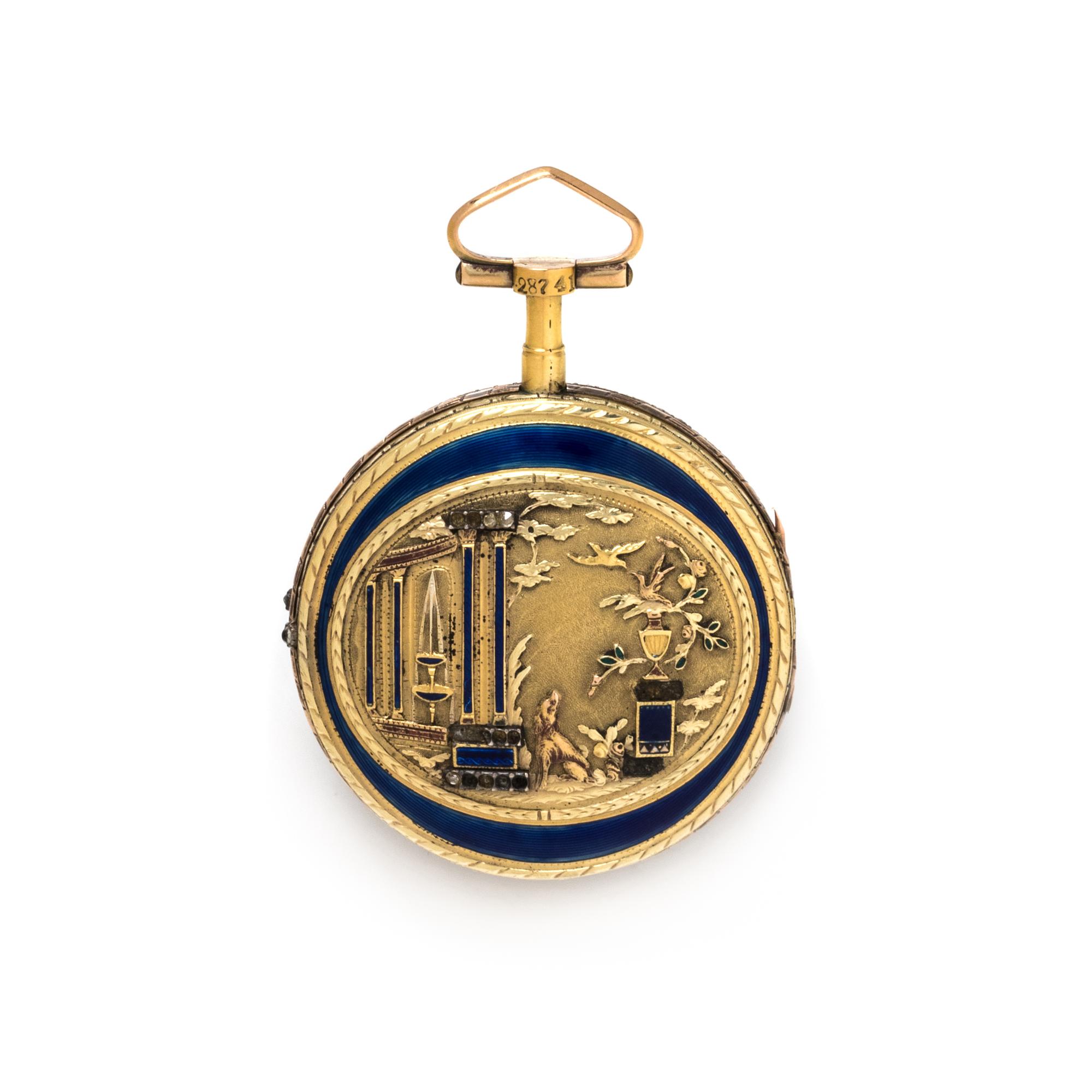 ISAAC SORET & FILS, GILT-METAL, ENAMEL AND PASTE OPEN FACE POCKET WATCH