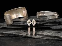Navajo Sterling Silver and Coral Cuff Bracelets and Post Earrings