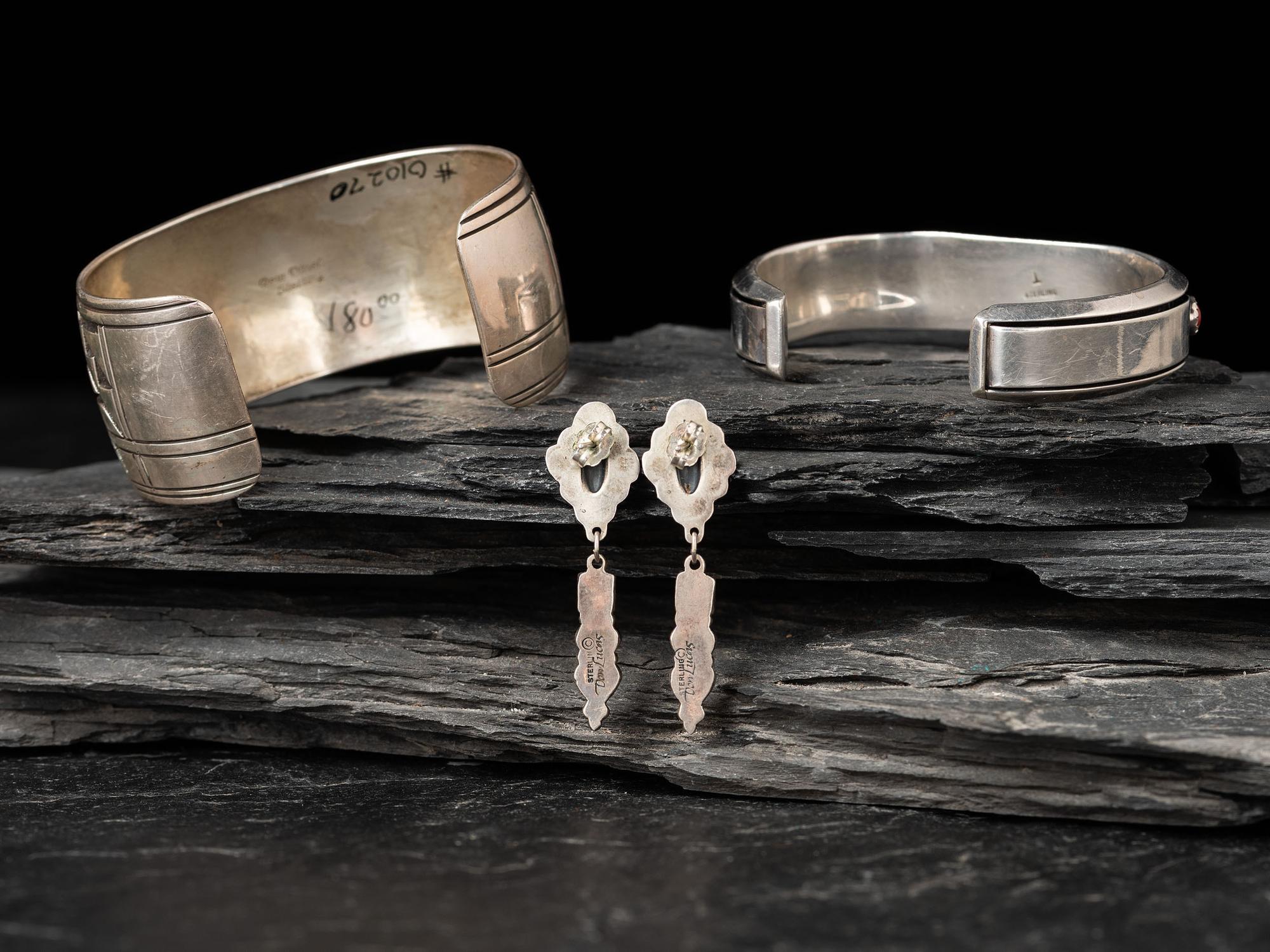 Navajo Sterling Silver and Coral Cuff Bracelets and Post Earrings