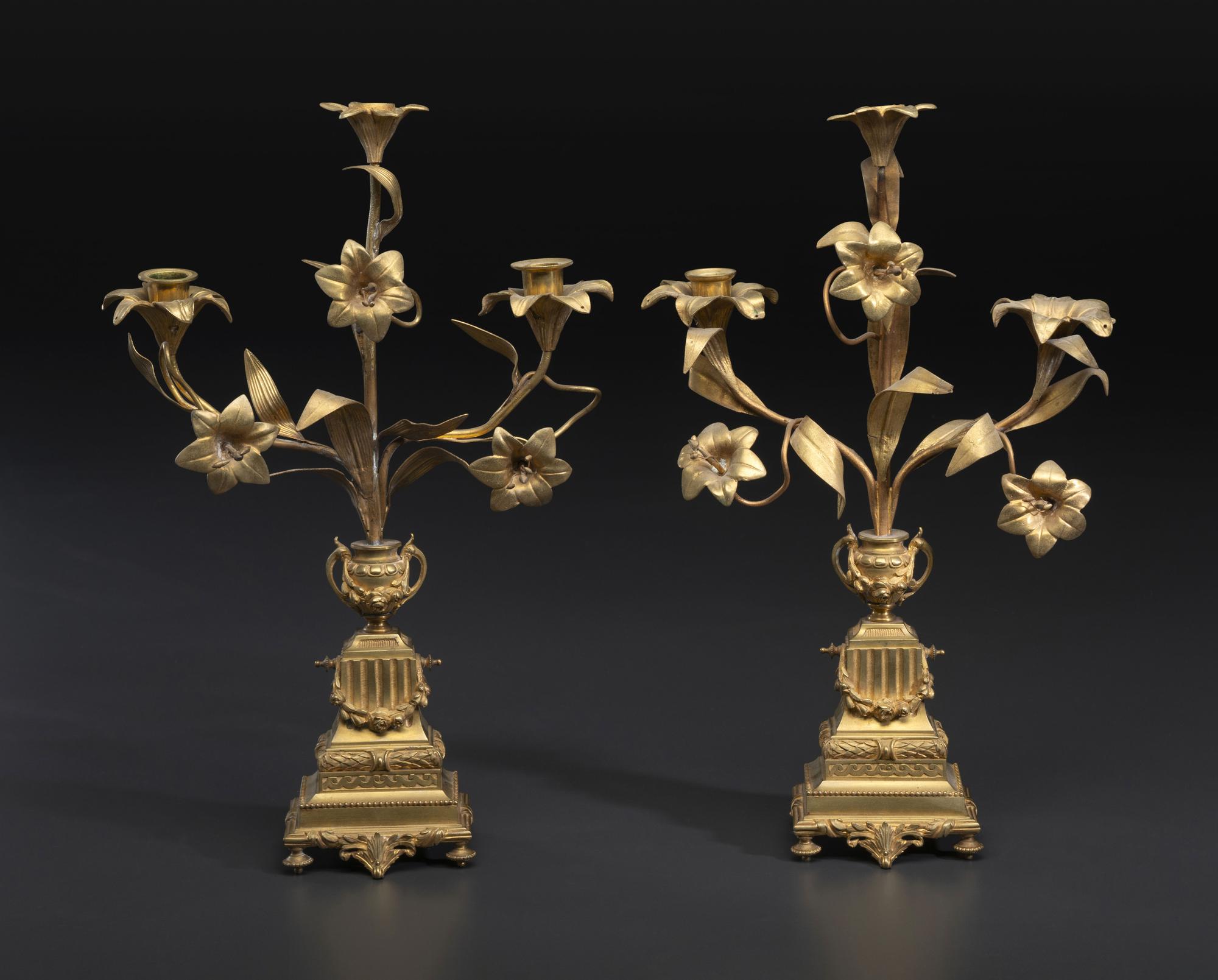 A Pair of Louis XVI Style Bronze Three-Light Candelabra