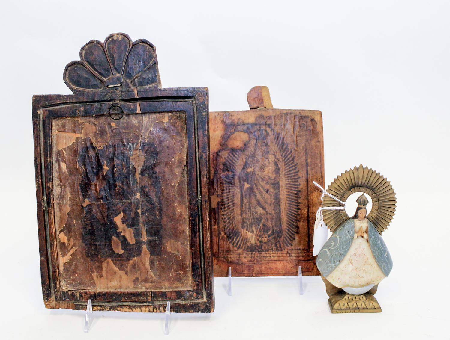 Two Spanish Colonial Wood Icons Largest 13 x 8 1/8 inches. — 19TH CENTURY